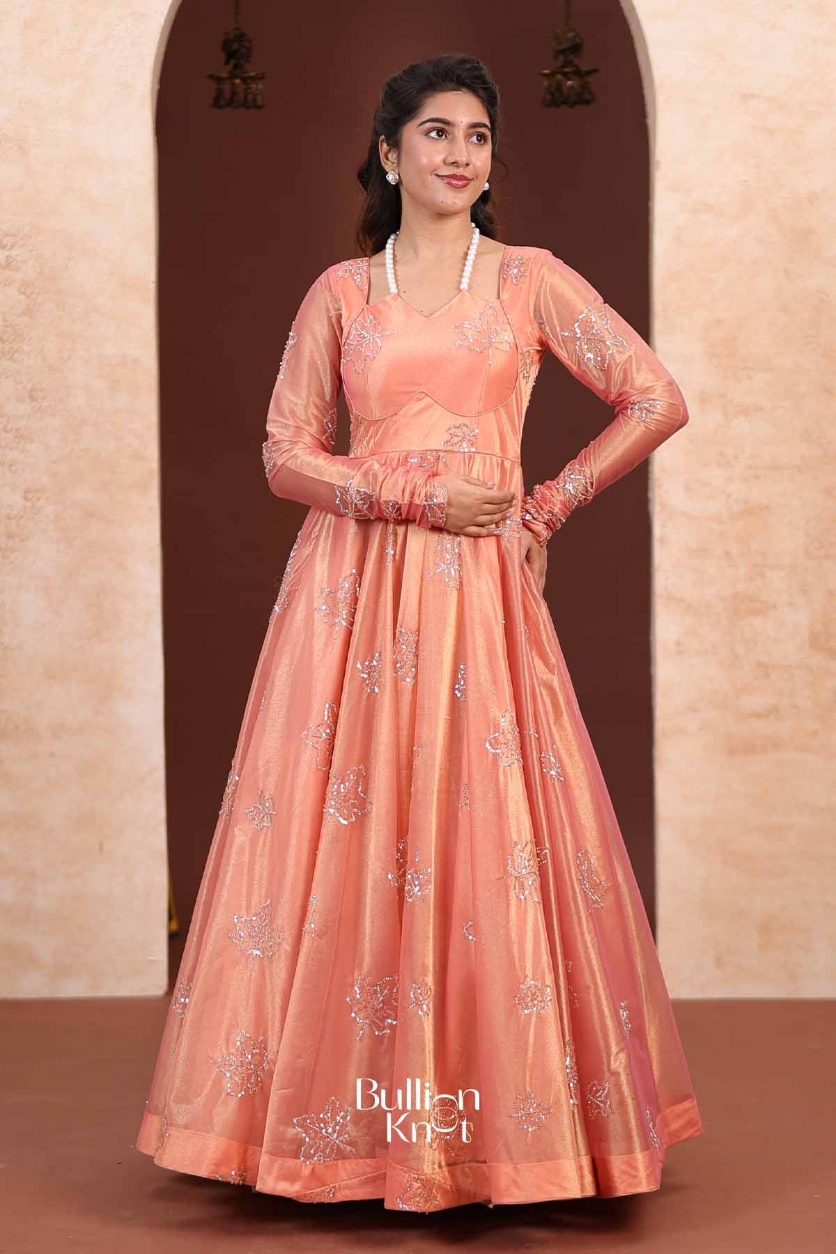 Autumn Leaf | Tissue Silk Silver Embroidered Peach Coral Indo-Western Anarkali Gown for Engagement