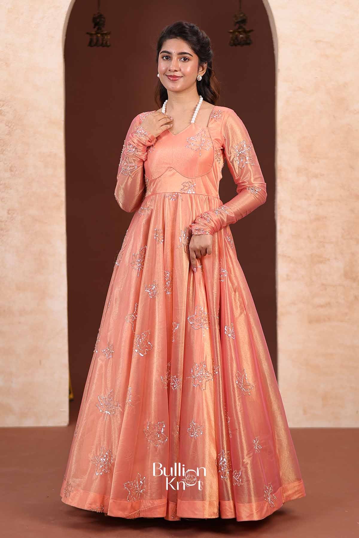 Autumn Leaf | Tissue Silk Silver Embroidered Peach Coral Indo-Western Anarkali Gown for Engagement