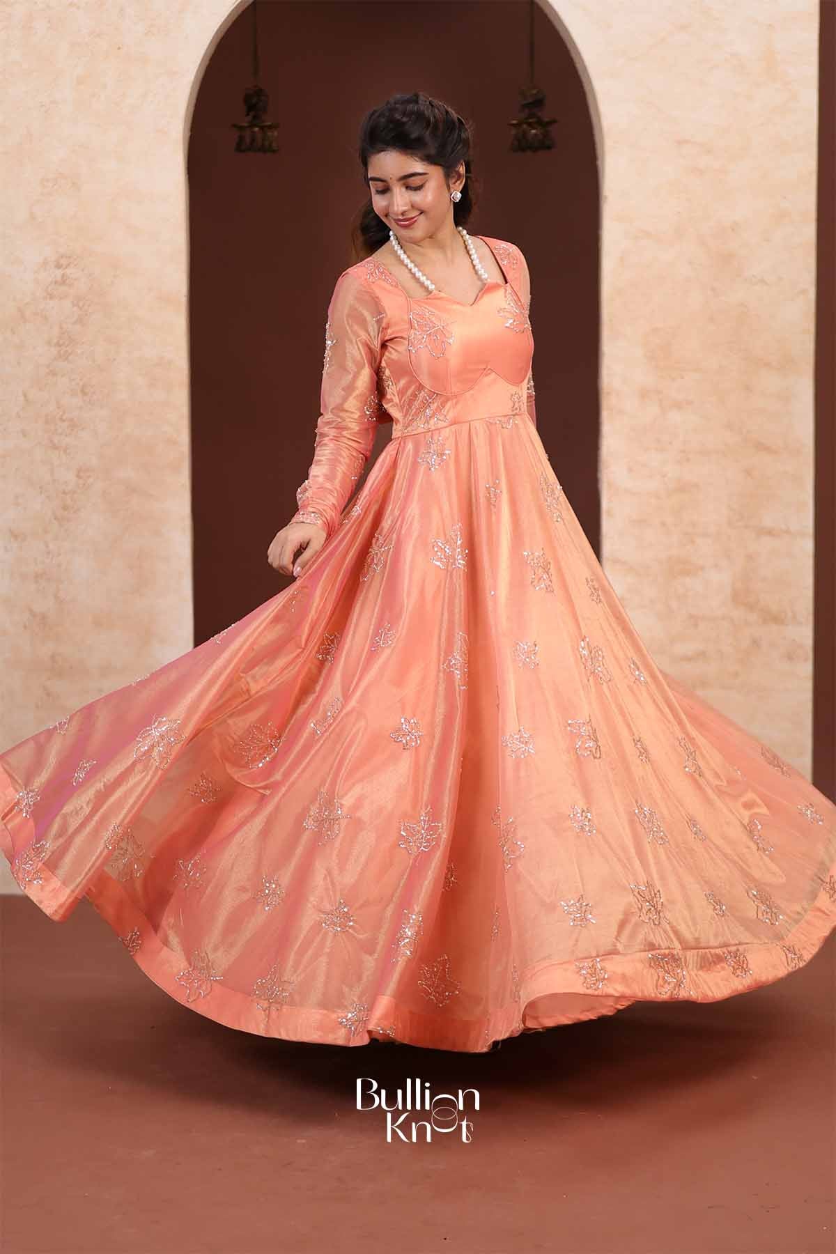 Autumn Leaf | Tissue Silk Silver Embroidered Peach Coral Indo-Western Anarkali Gown for Engagement