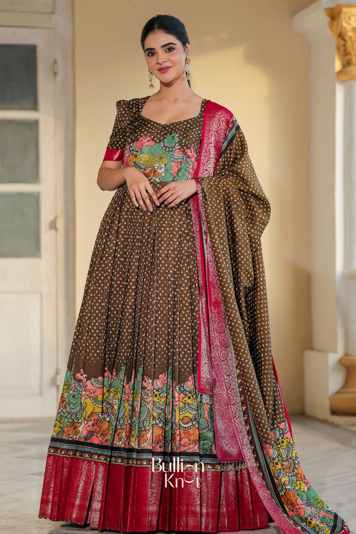 Bhakti Bandhej Olive Green Handwork Anarkali Gown (Dress) L / Green Bhakti Bandhej Olive Green Handwork Anarkali Gown (Dress) L / Green