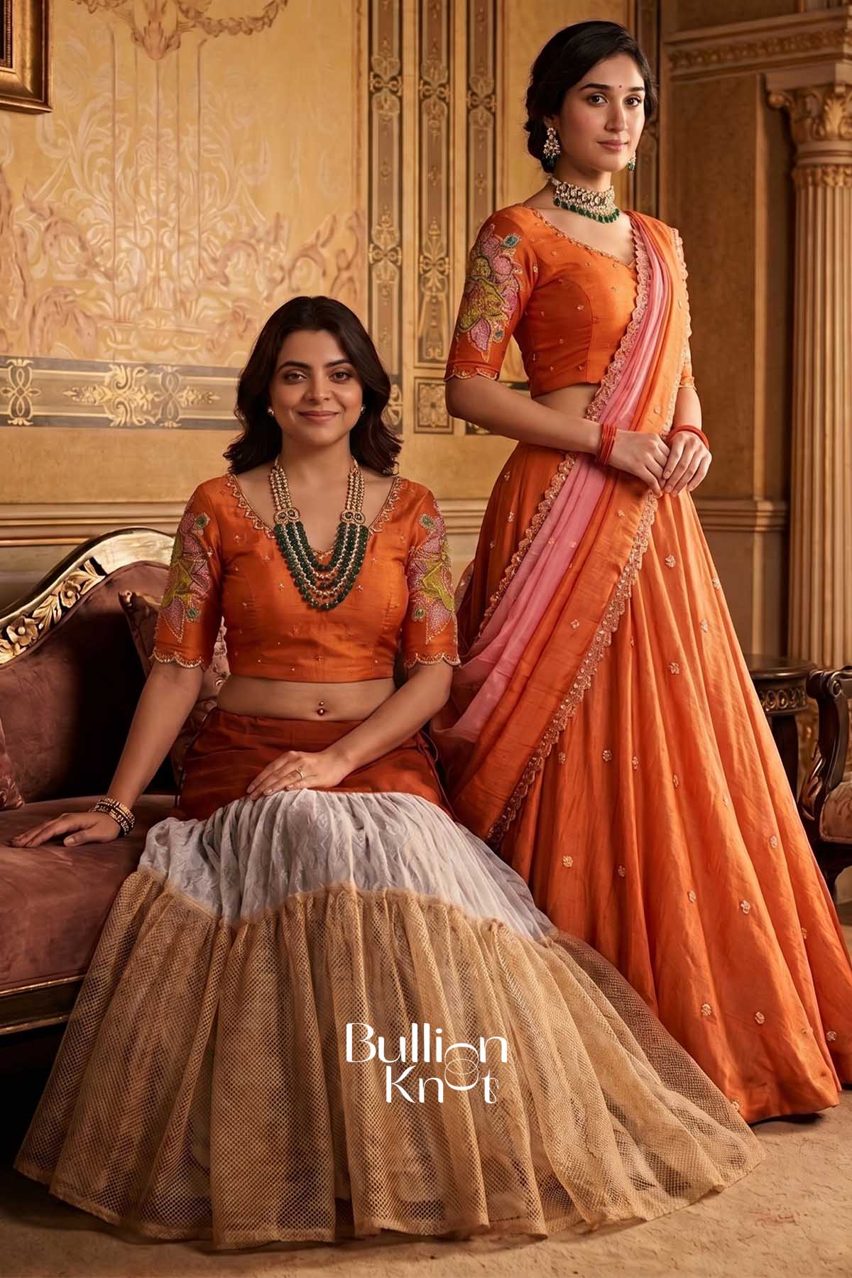 Can Can Skirt + Rudhira Rusty Orange Golden Tissue Lehenga Set