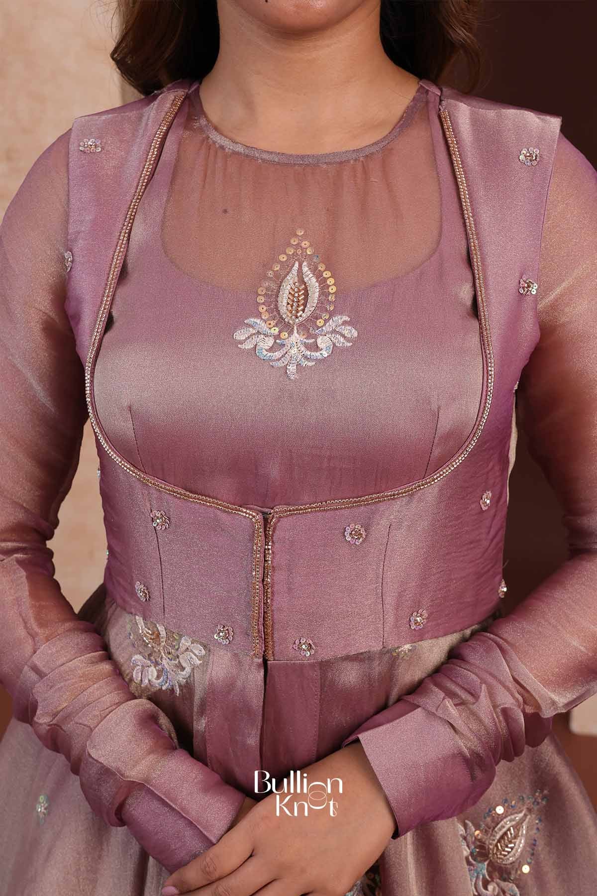 Cecilia | Tissue Silk Handcrafted Floral Embroidered Mauve Purple Indo-Western with Jacket for Receptions