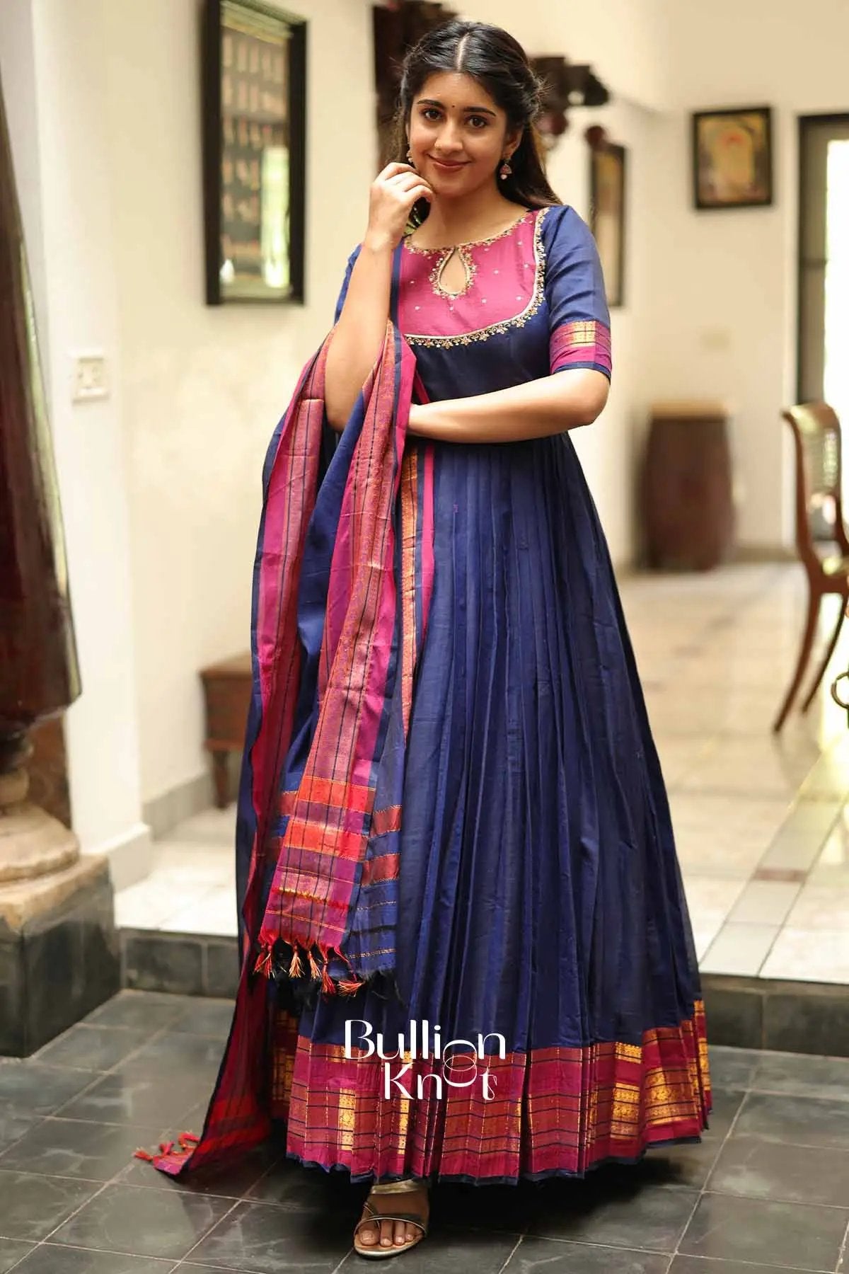 Chandrakala Royal Blue Handloom Anarkali Dress XL / Blue Chandrakala Royal Blue Handloom Anarkali Dress XL / Blue