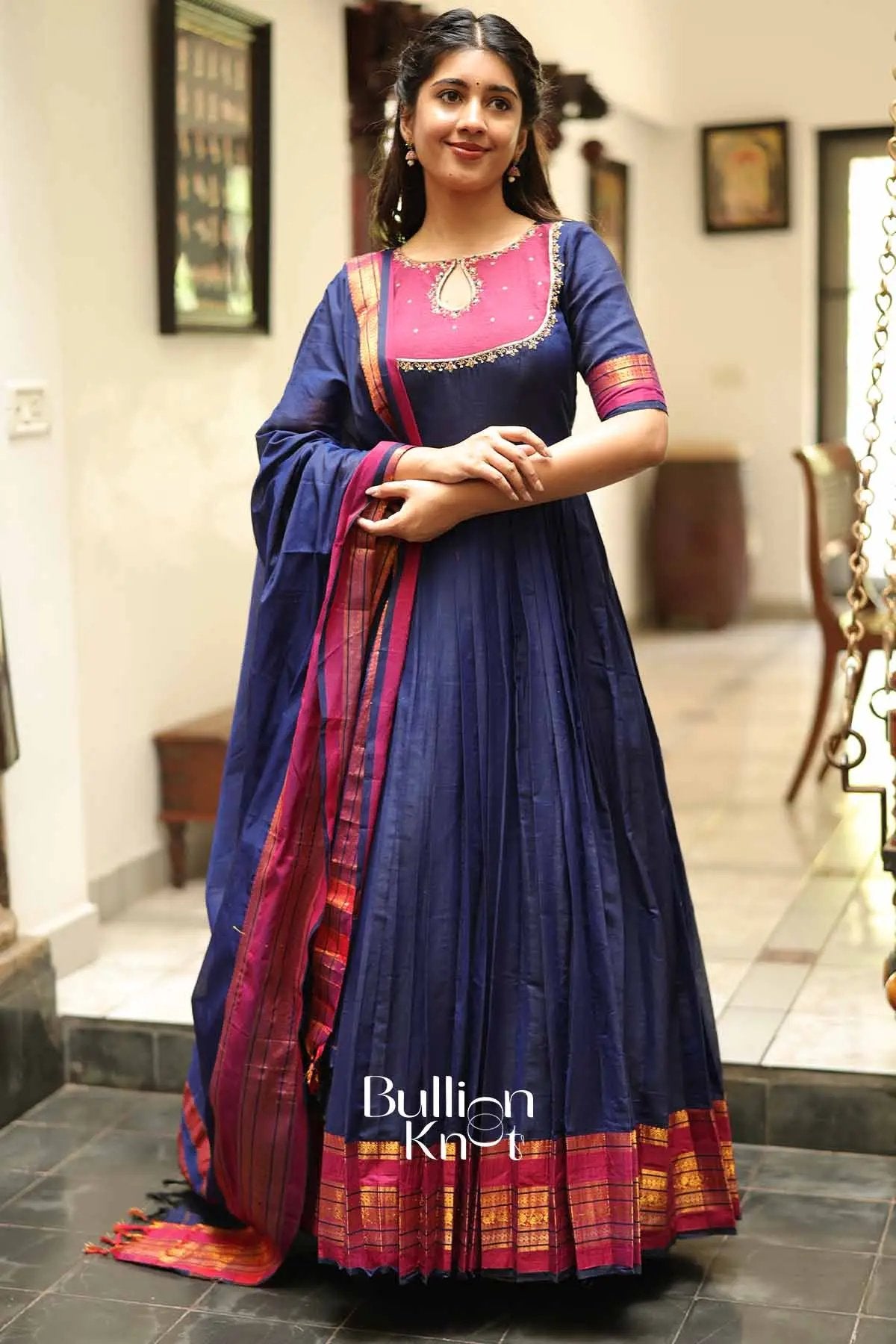 Chandrakala Royal Blue Handloom Anarkali Dress