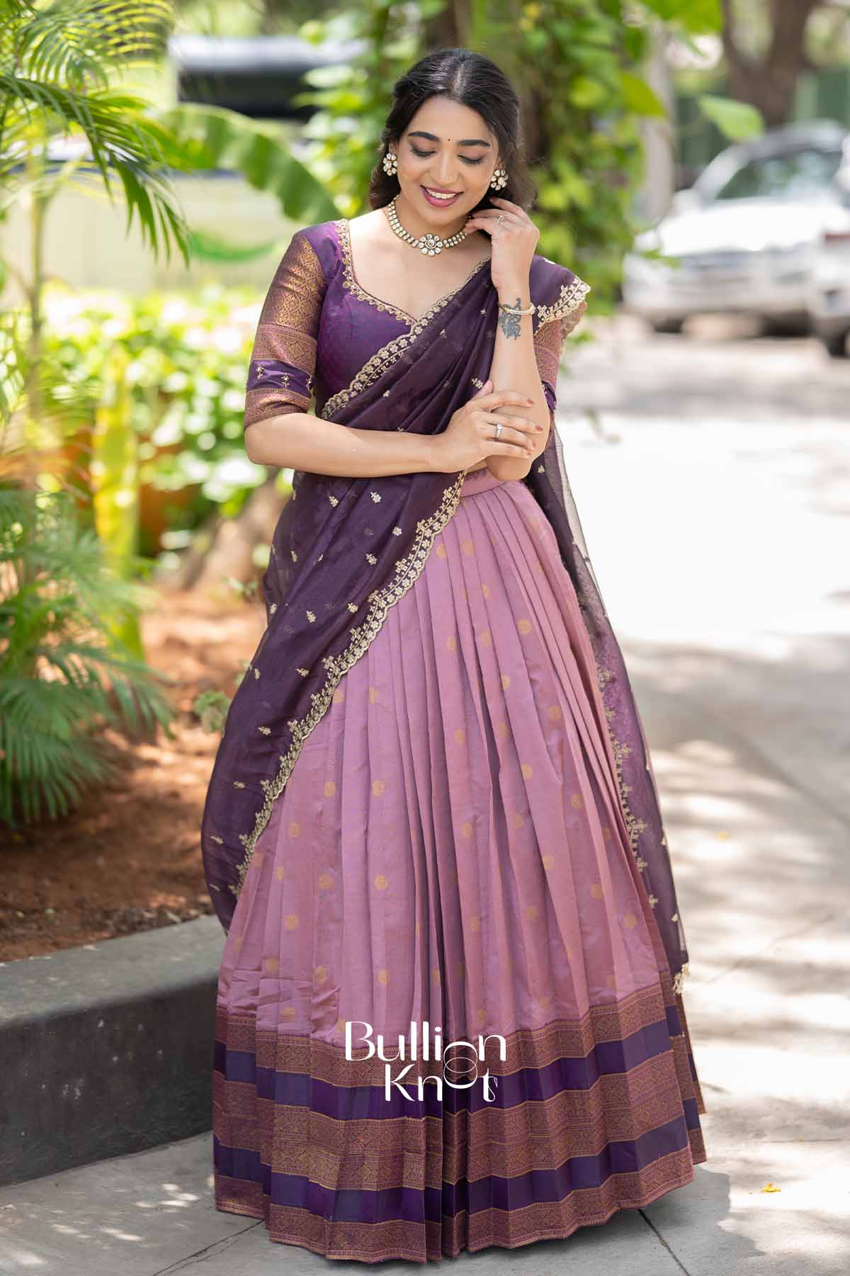 Dhoop Chhaon | Wine and Onion Silk Gadval Lehenga