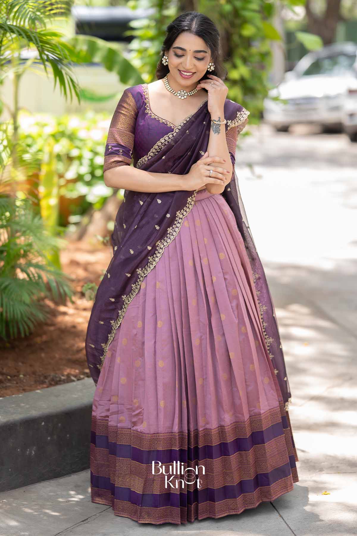 Dhoop Chhaon | Wine and Onion Silk Gadval Lehenga