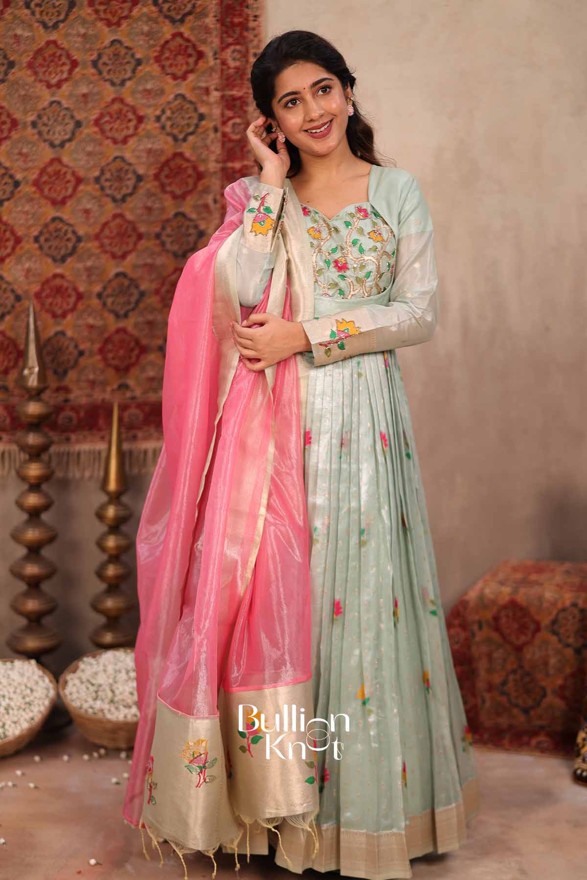 Durga | Sea Green Pattu Dress for Women | Festive Ethnic Wear Anarkali Suit