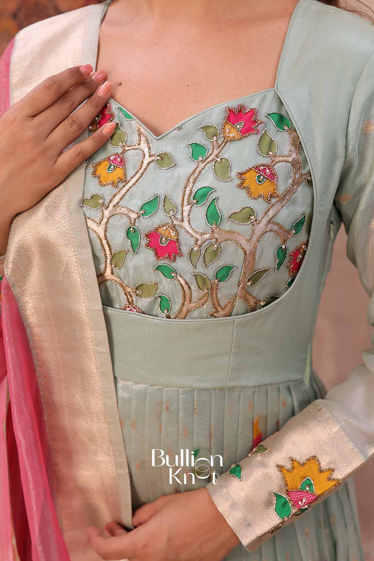 Durga | Sea Green Pattu Dress for Women | Festive Ethnic Wear Anarkali Suit