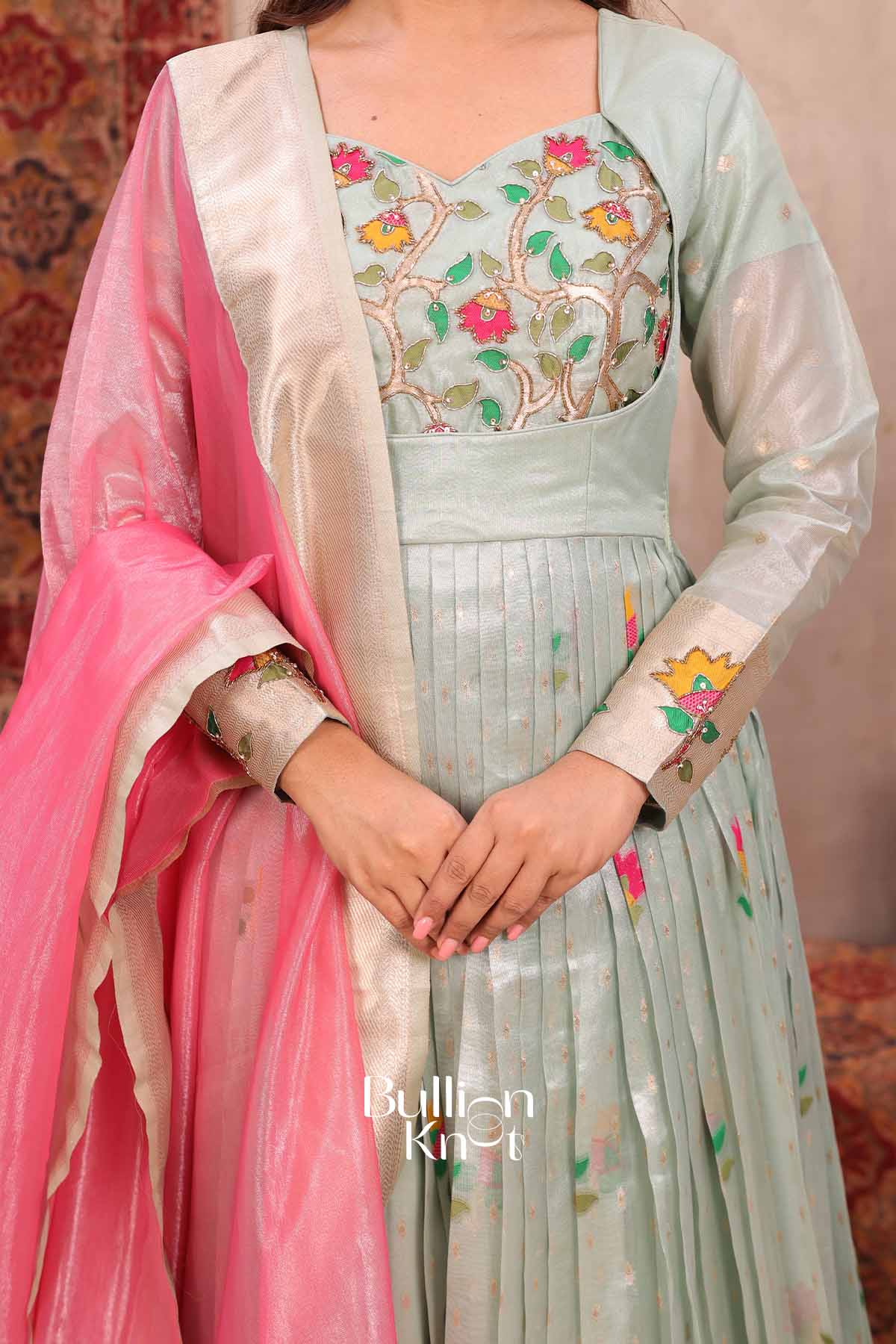 Durga | Sea Green Pattu Dress for Women | Festive Ethnic Wear Anarkali Suit