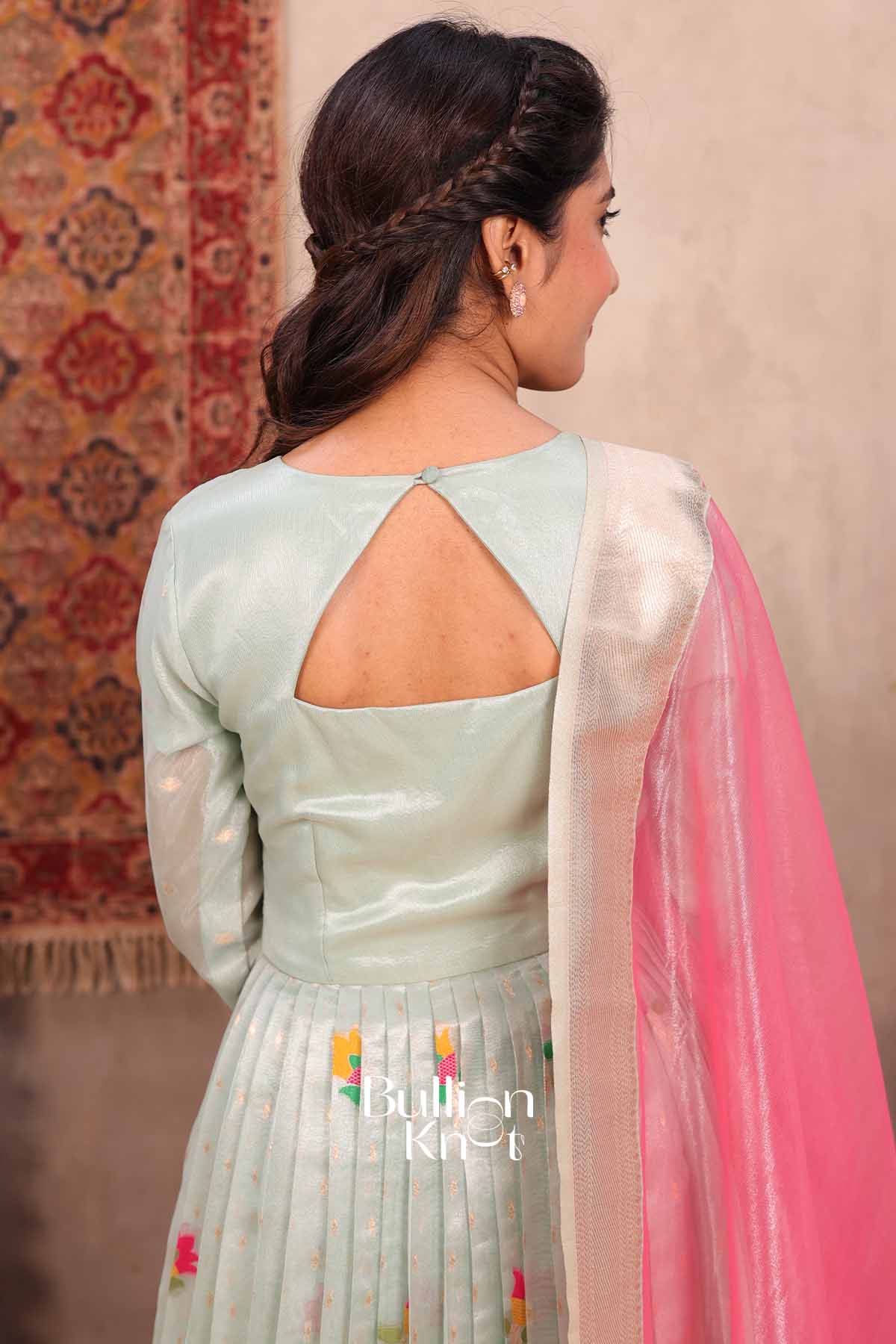 Durga | Sea Green Pattu Dress for Women | Festive Ethnic Wear Anarkali Suit