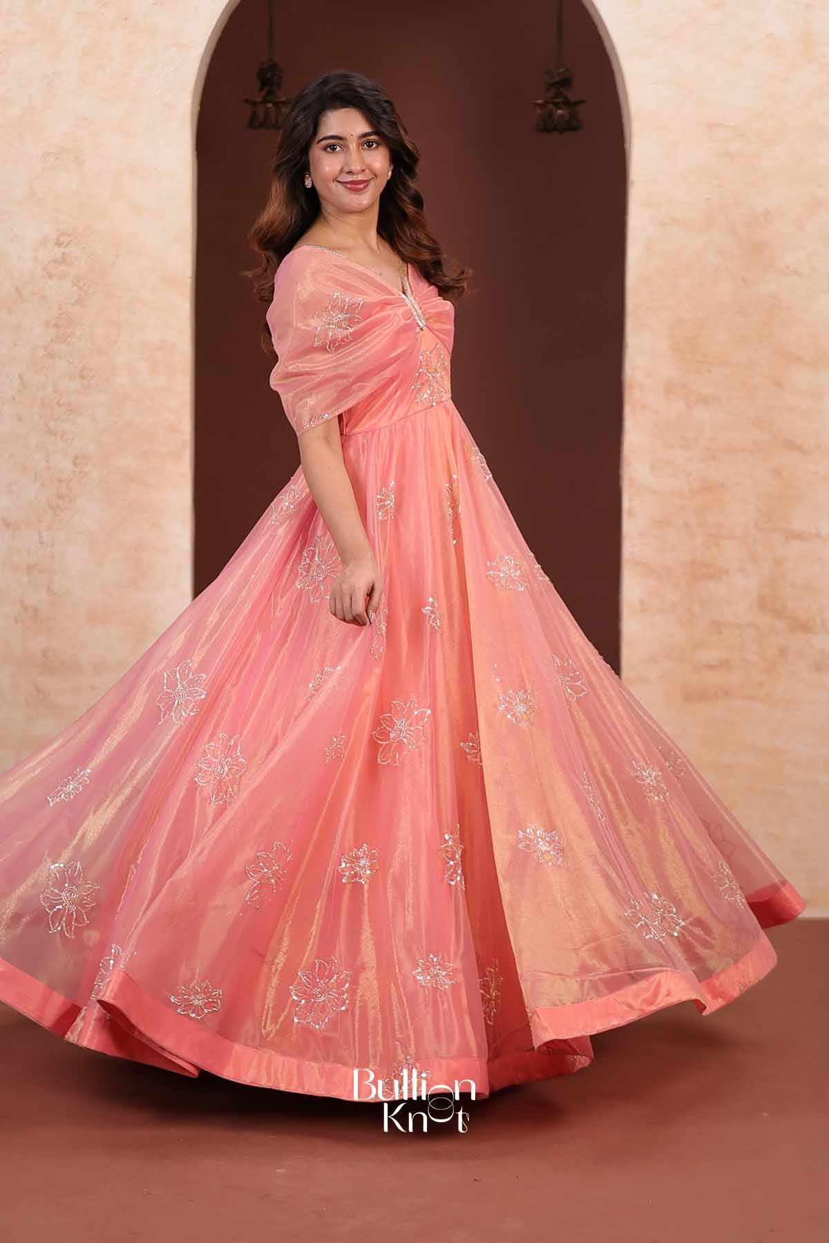 Gulabi Sham | Tissue Drape Neck Coral Pink Indo-Western Gown for Festive Parties