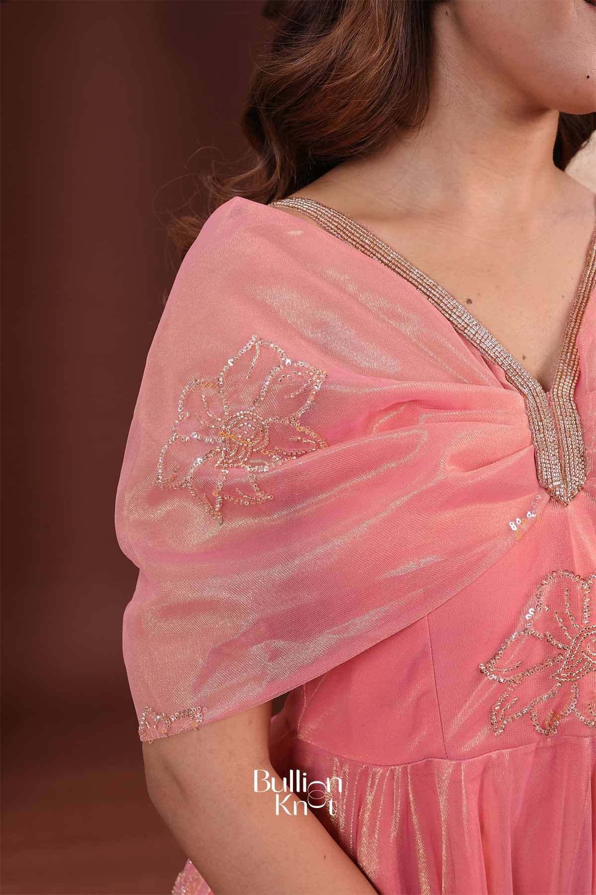 Gulabi Sham | Tissue Drape Neck Coral Pink Indo-Western Gown for Festive Parties