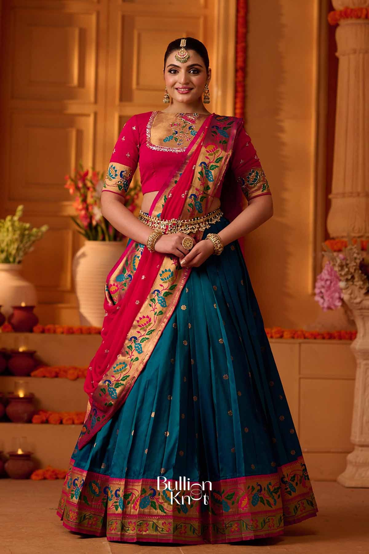 Jwal | Soft Silk Paithani Border Lehenga Set with Rani Pink Dupatta for Festive Celebrations
