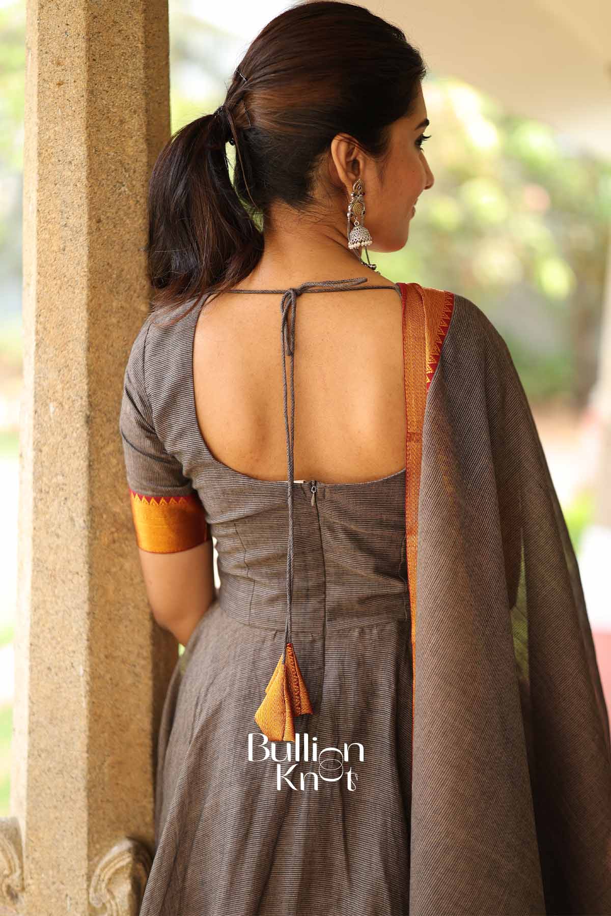 Keshwini Gray Handwoven Narayanpet Cotton Anarkali Dress