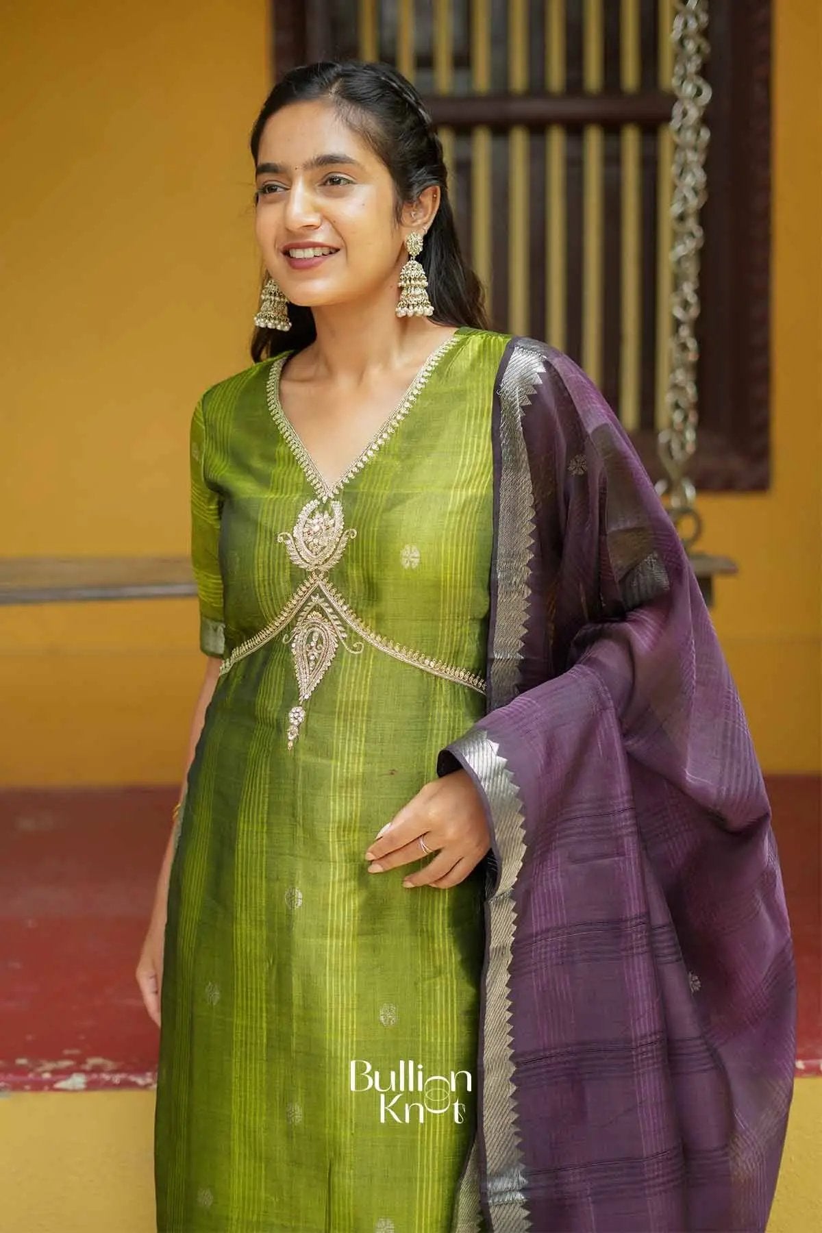 Khyati | Mangalagiri Cotton Silk Parrot Green Suit Set for Festive Celebrations