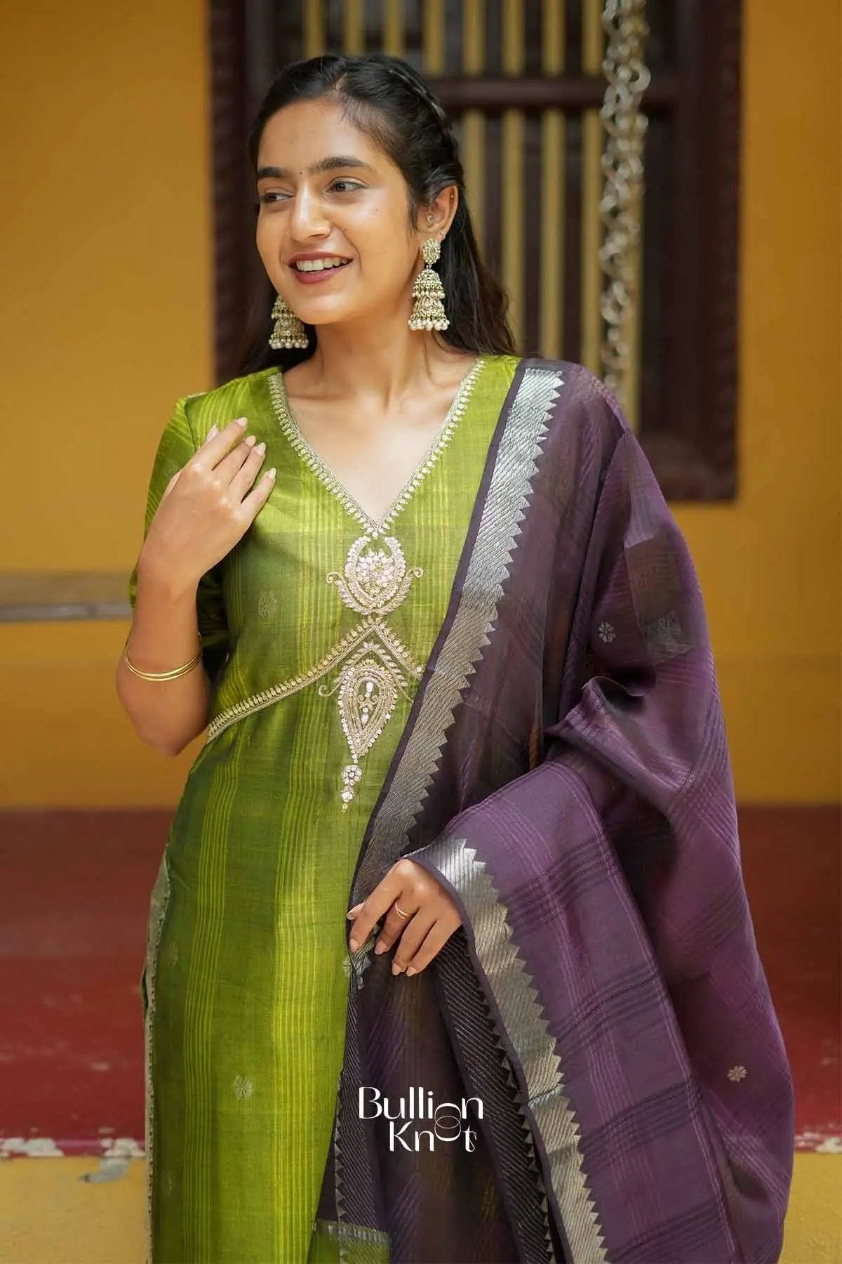 Khyati | Mangalagiri Cotton Silk Parrot Green Suit Set for Festive Celebrations