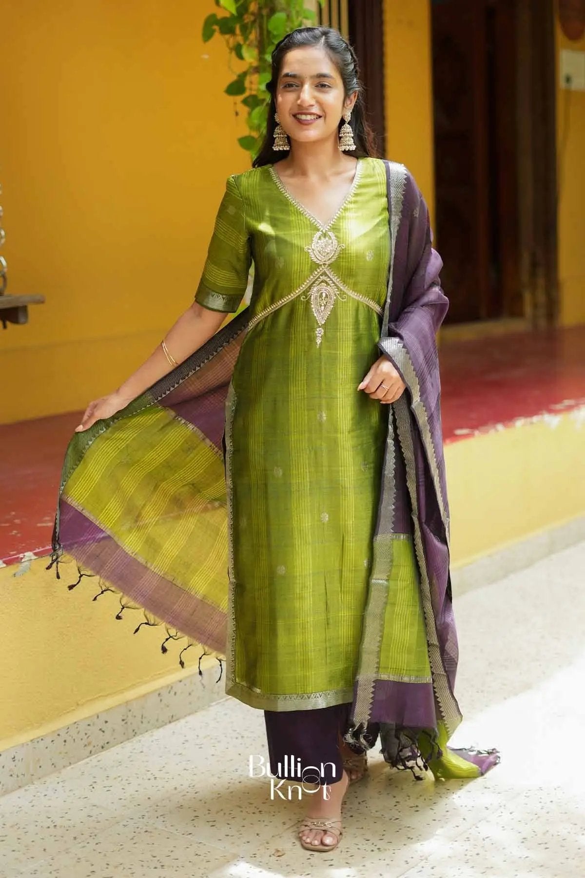 Khyati | Mangalagiri Cotton Silk Parrot Green Suit Set for Festive Celebrations