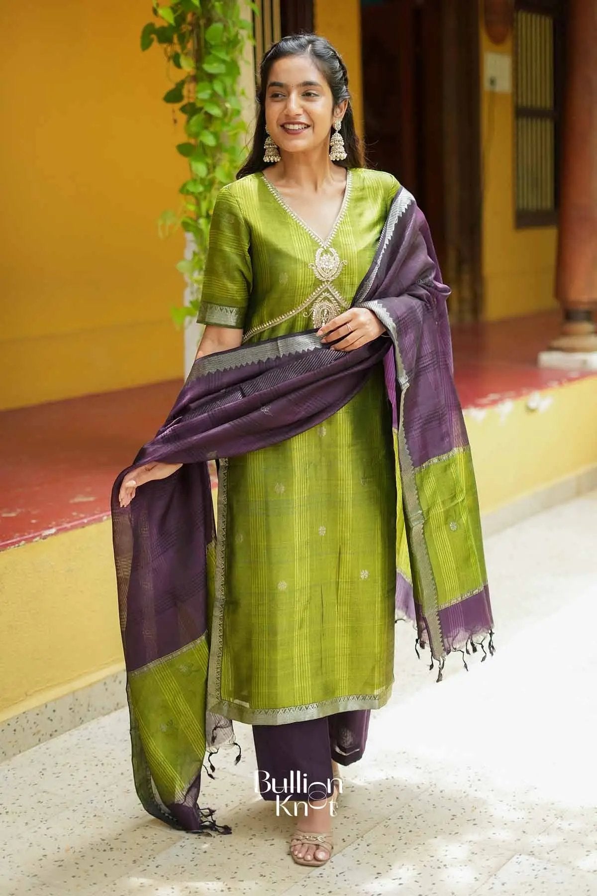 Khyati | Mangalagiri Cotton Silk Parrot Green Suit Set for Festive Celebrations