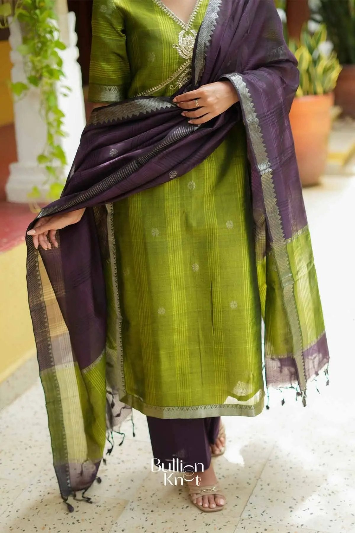 Khyati | Mangalagiri Cotton Silk Parrot Green Suit Set for Festive Celebrations