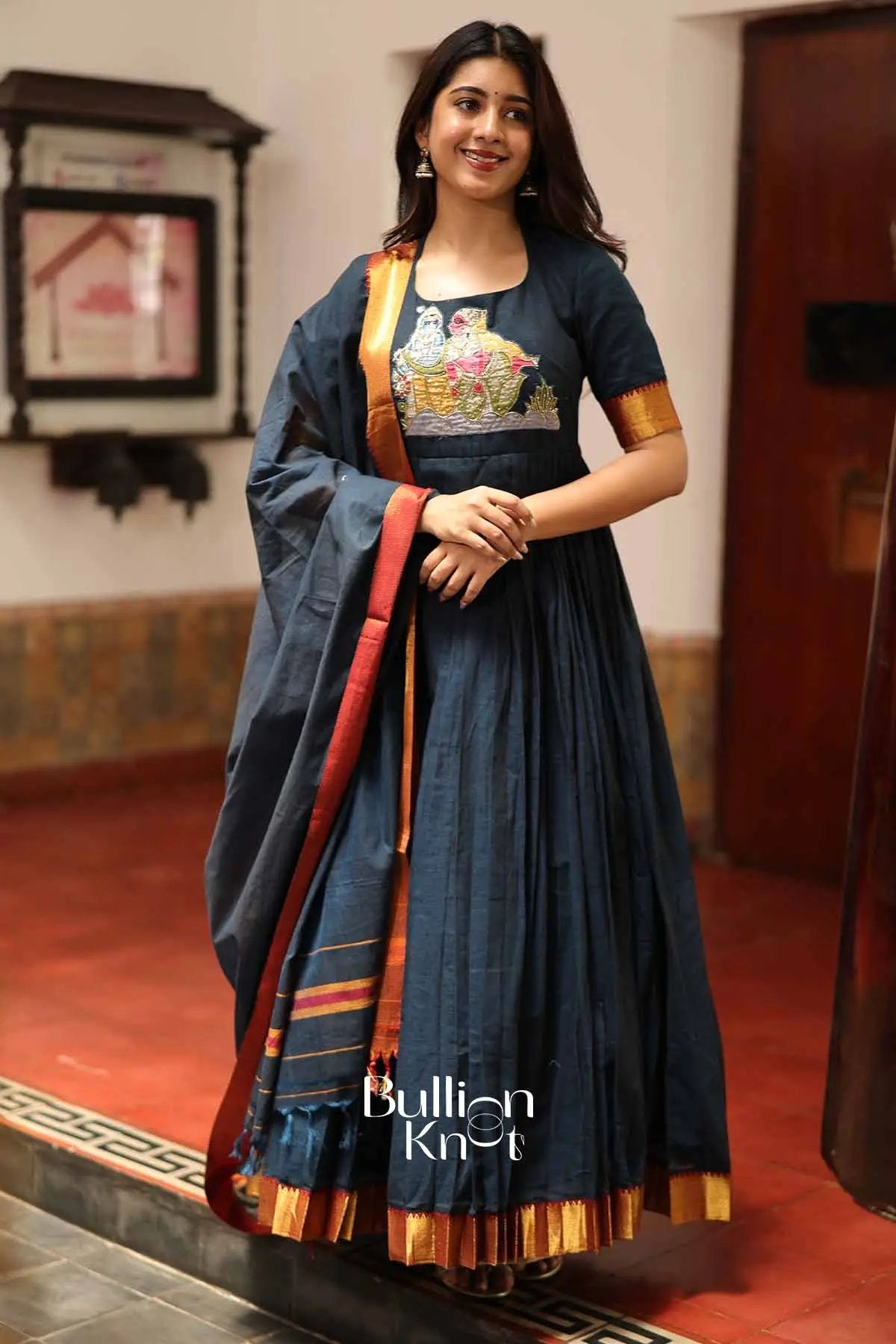 Krishnavi Navy Blue Handloom Anarkali Dress for Elegant Occasions