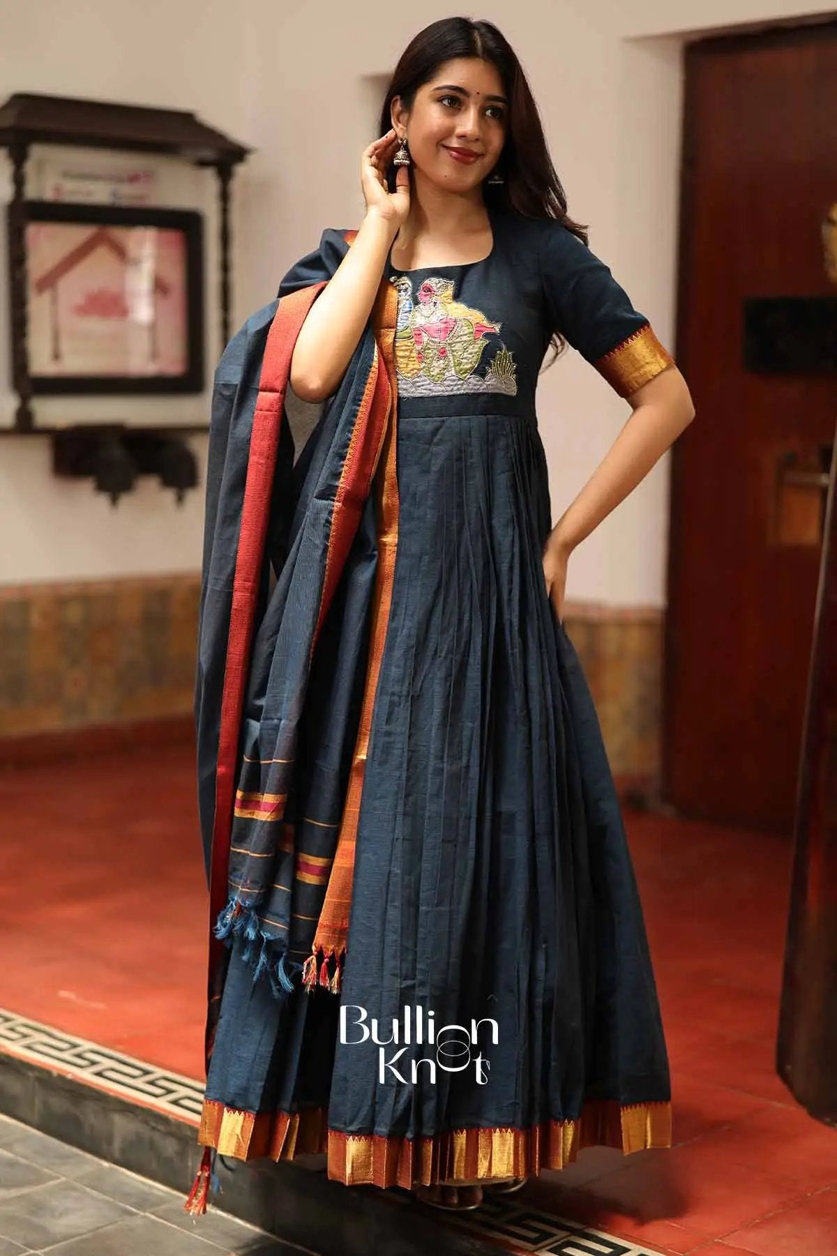 Pattu Anarkali Dress Exclusive Kurta Suit Set Krishanvi Navy Blue Handloom  Anarkali Dress At Bullionknot