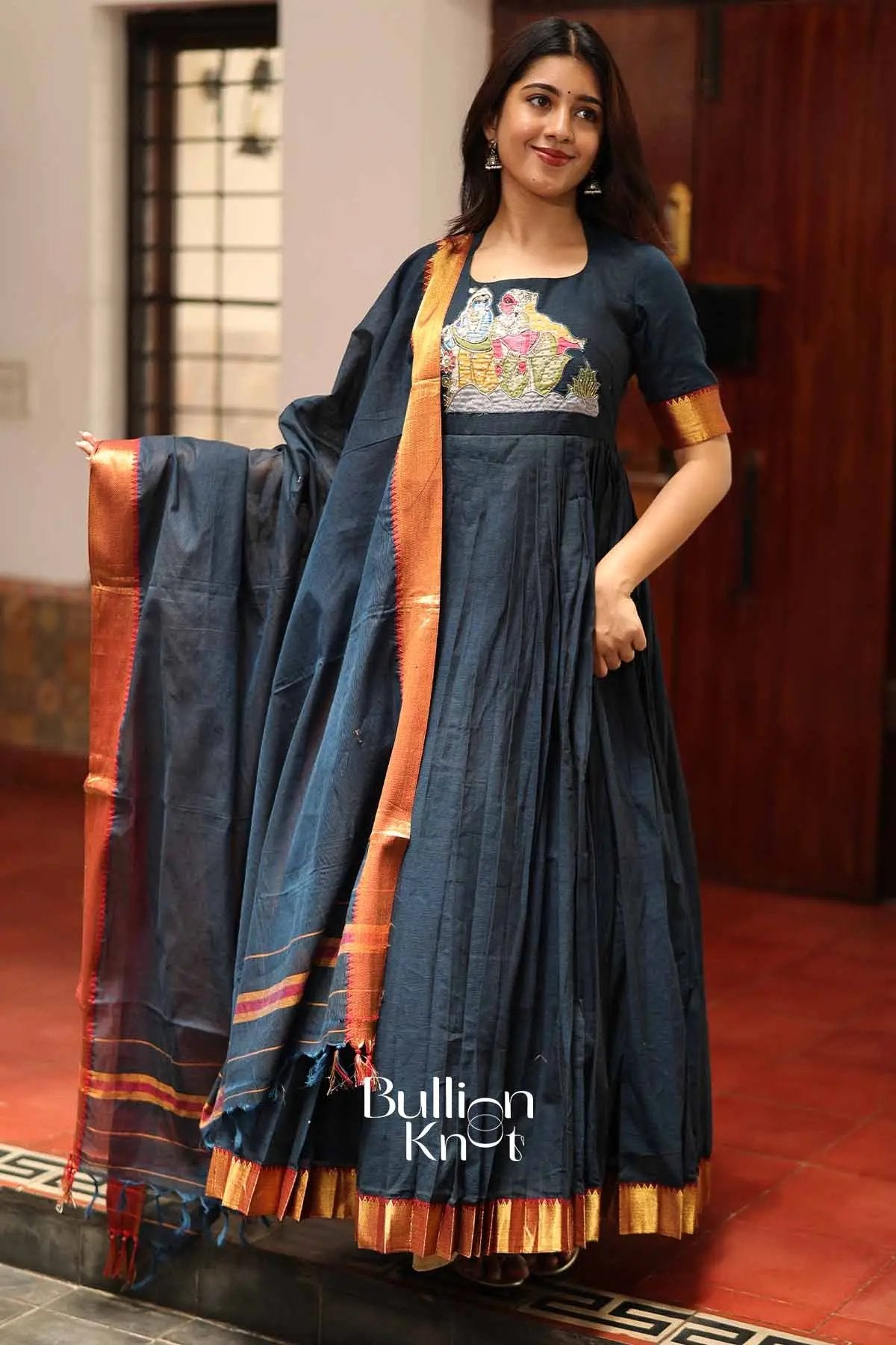 Krishanvi Navy Blue Handloom Anarkali Dress