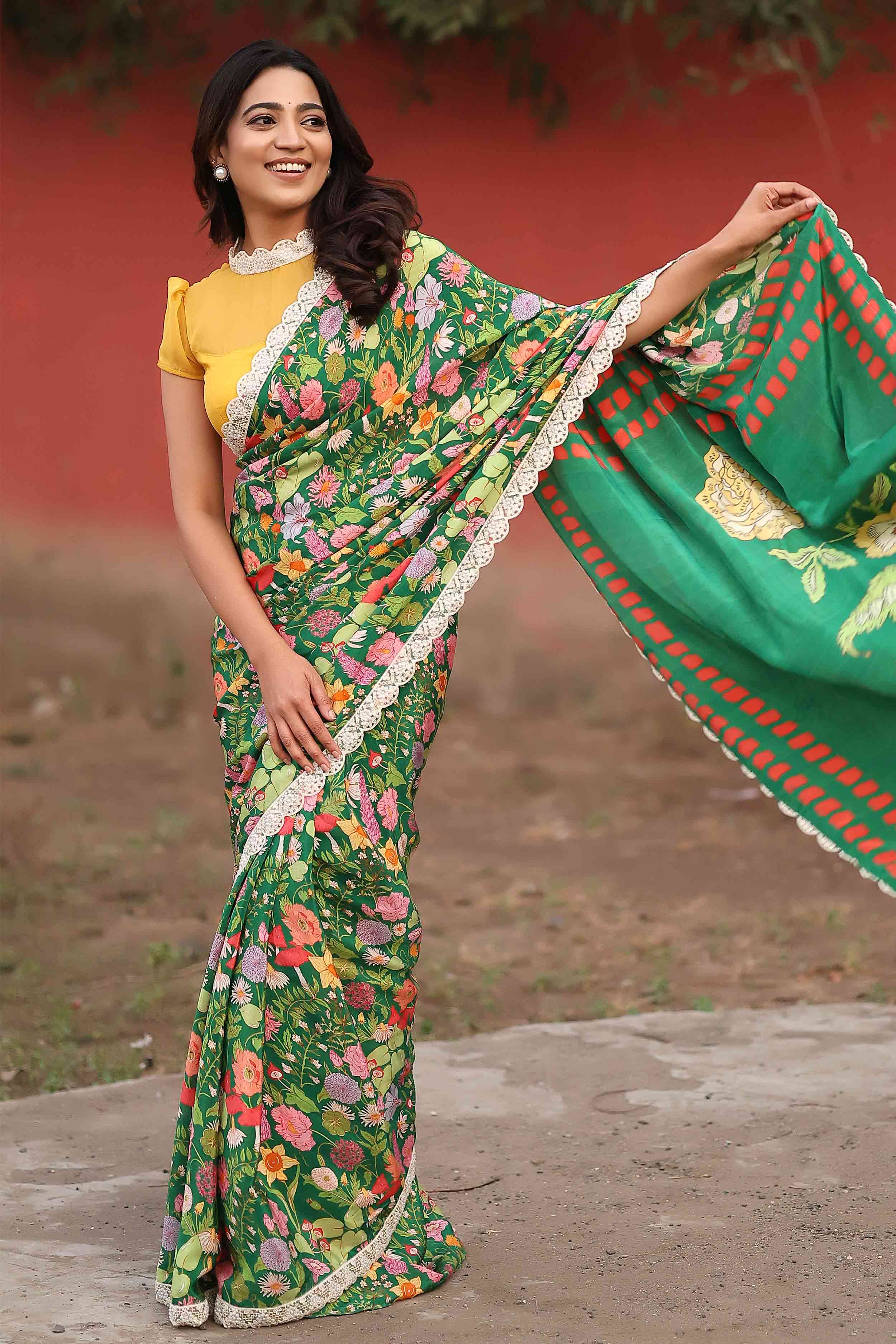 retro print silk saree