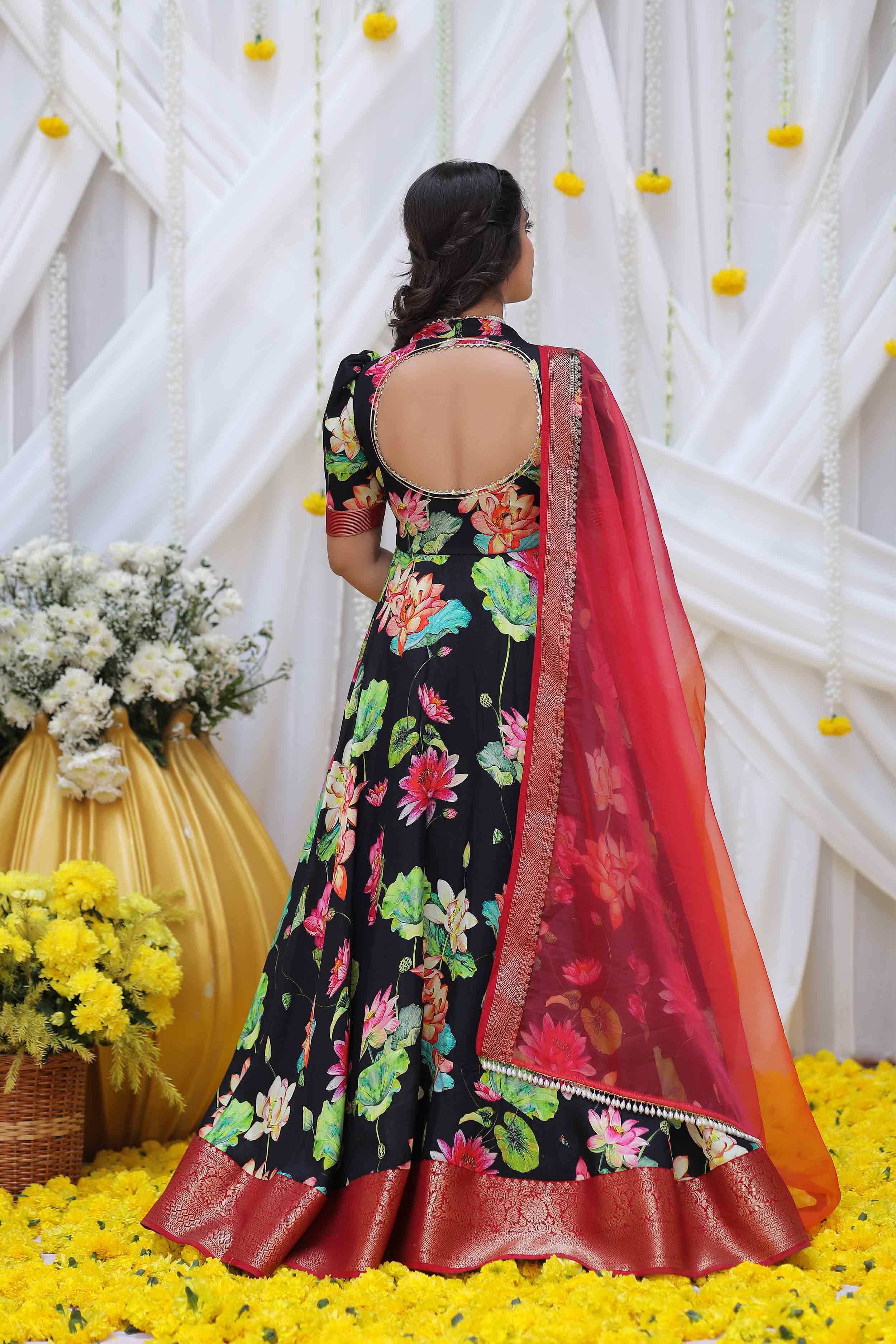 black and Multi color silk banarsi long suit