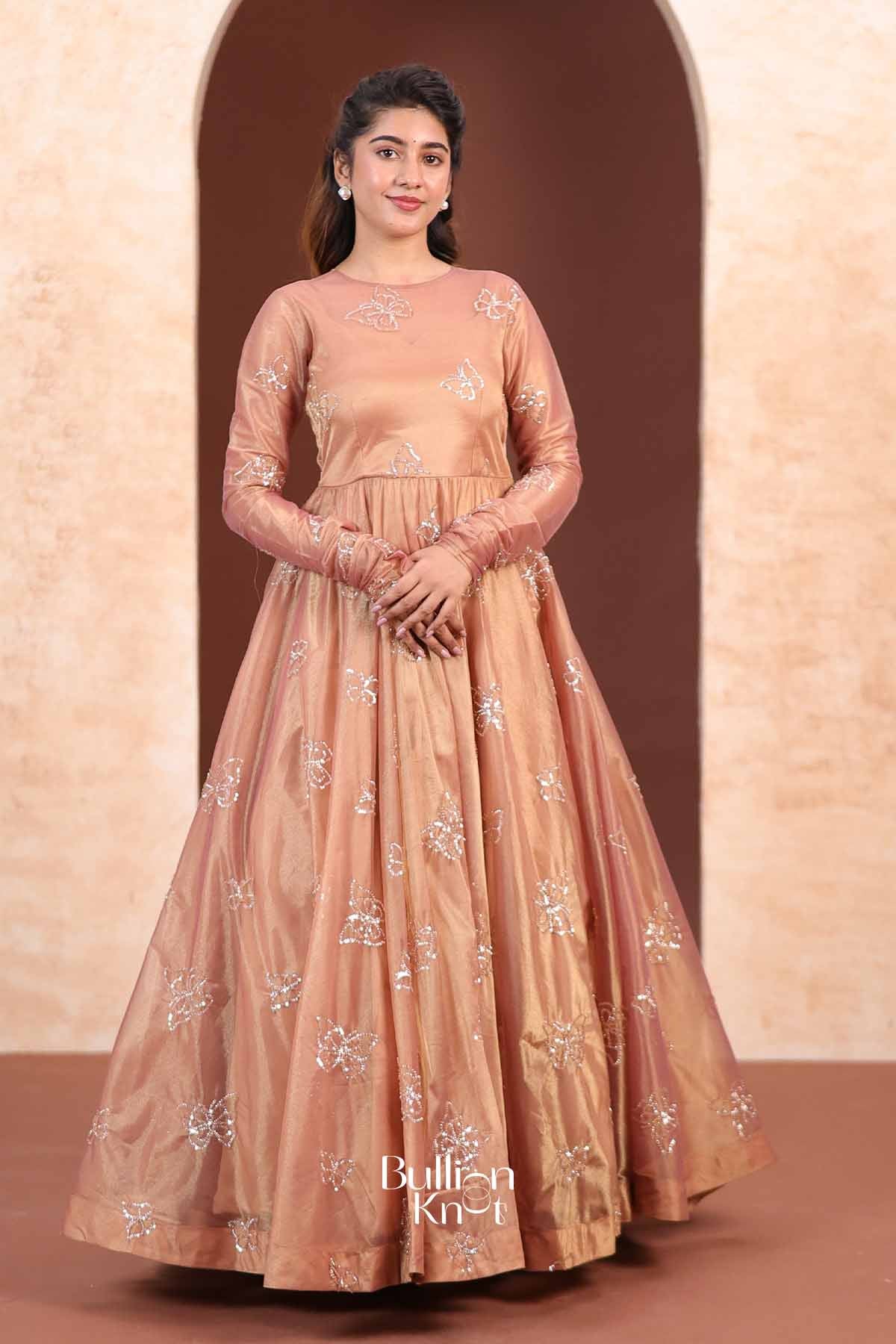 Papilon | Tissue Silk Butterfly Embroidered Rose Gold Indo-Western Anarkali Gown for Receptions