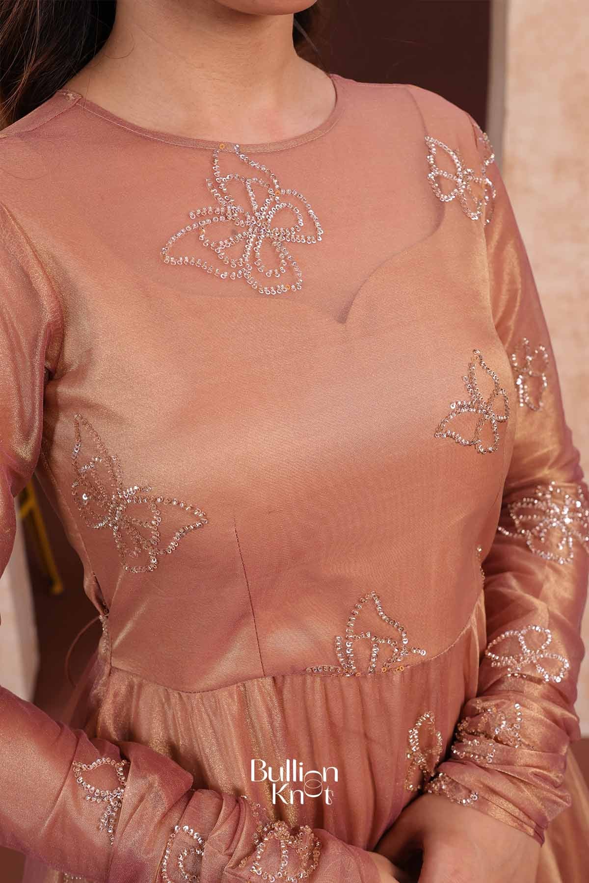 Papilon | Tissue Silk Butterfly Embroidered Rose Gold Indo-Western Anarkali Gown for Receptions