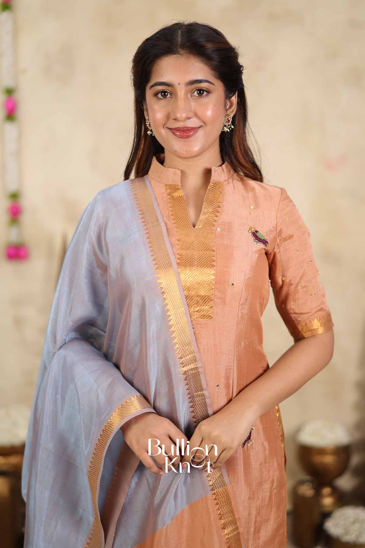Peach Mist | Peach Mangalagiri Kurta Set for Women | Festive Ethnic Wear Kurta Set with Dupatta