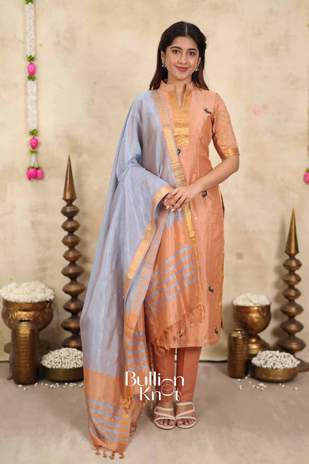 Peach Mist | Peach Mangalagiri Kurta Set for Women | Festive Ethnic Wear Kurta Set with Dupatta