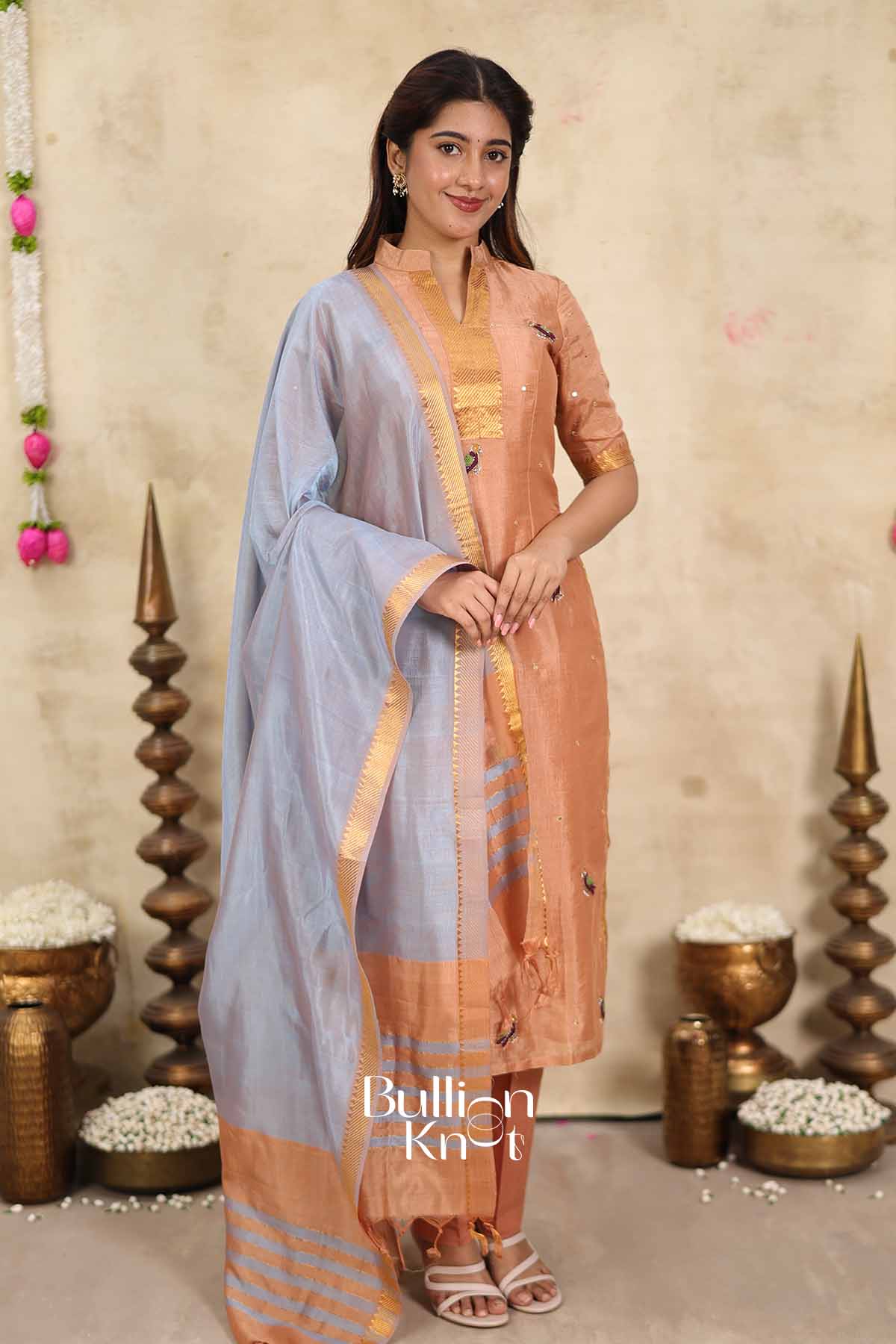 Peach Mist | Peach Mangalagiri Kurta Set for Women | Festive Ethnic Wear Kurta Set with Dupatta
