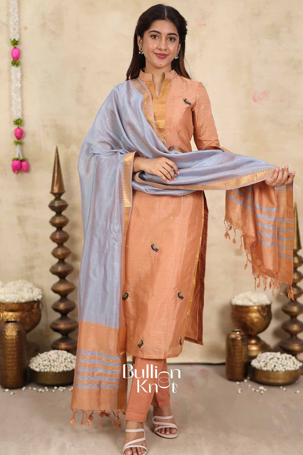 Peach Mist | Peach Mangalagiri Kurta Set for Women | Festive Ethnic Wear Kurta Set with Dupatta