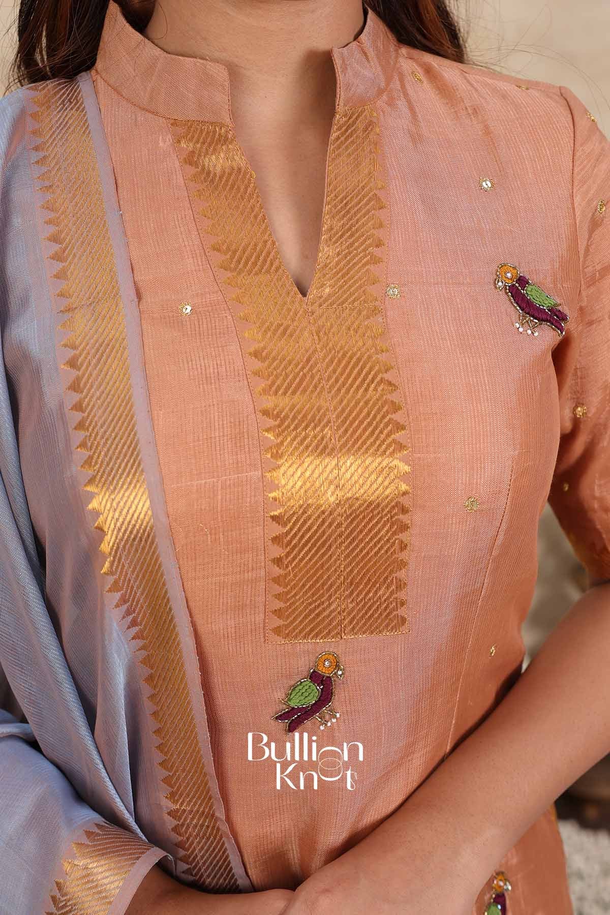 Peach Mist | Peach Mangalagiri Kurta Set for Women | Festive Ethnic Wear Kurta Set with Dupatta