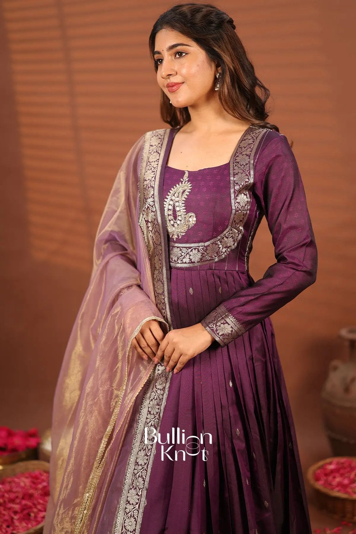Pranali Wine Banarasi Silk Gown Dress