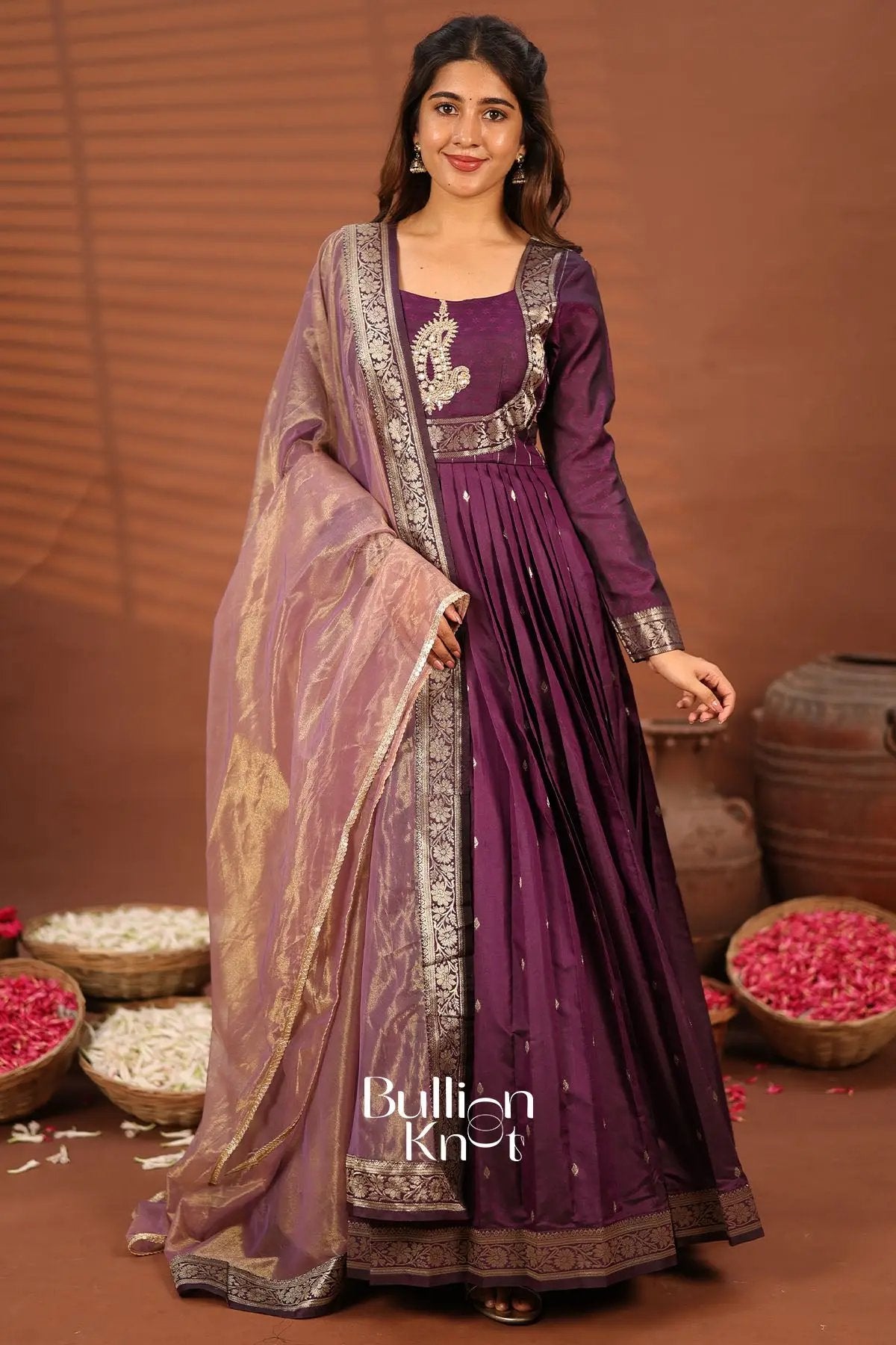 Exclusive Long Dresses - Pranali Wine Banarasi Silk Dress at bullionknot