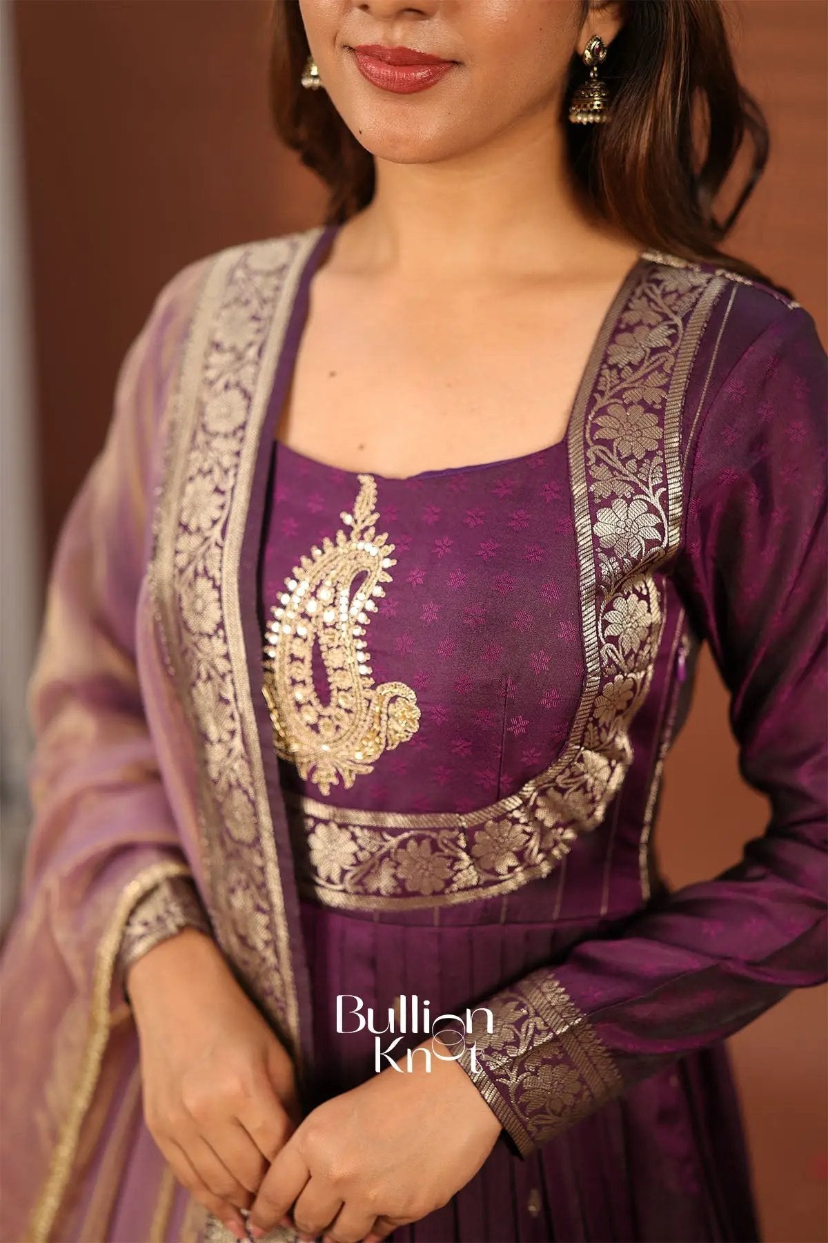 Pranali Wine Banarasi Silk Gown Dress