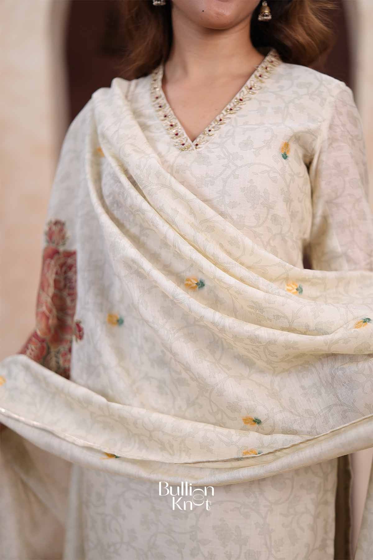 Rajni | Satin V-Neck Ivory Golden Straight Suit Set for Casual wear