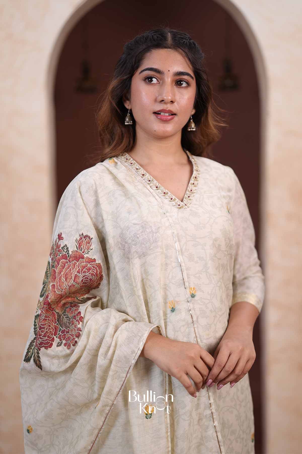 Rajni | Satin V-Neck Ivory Golden Straight Suit Set for Casual wear