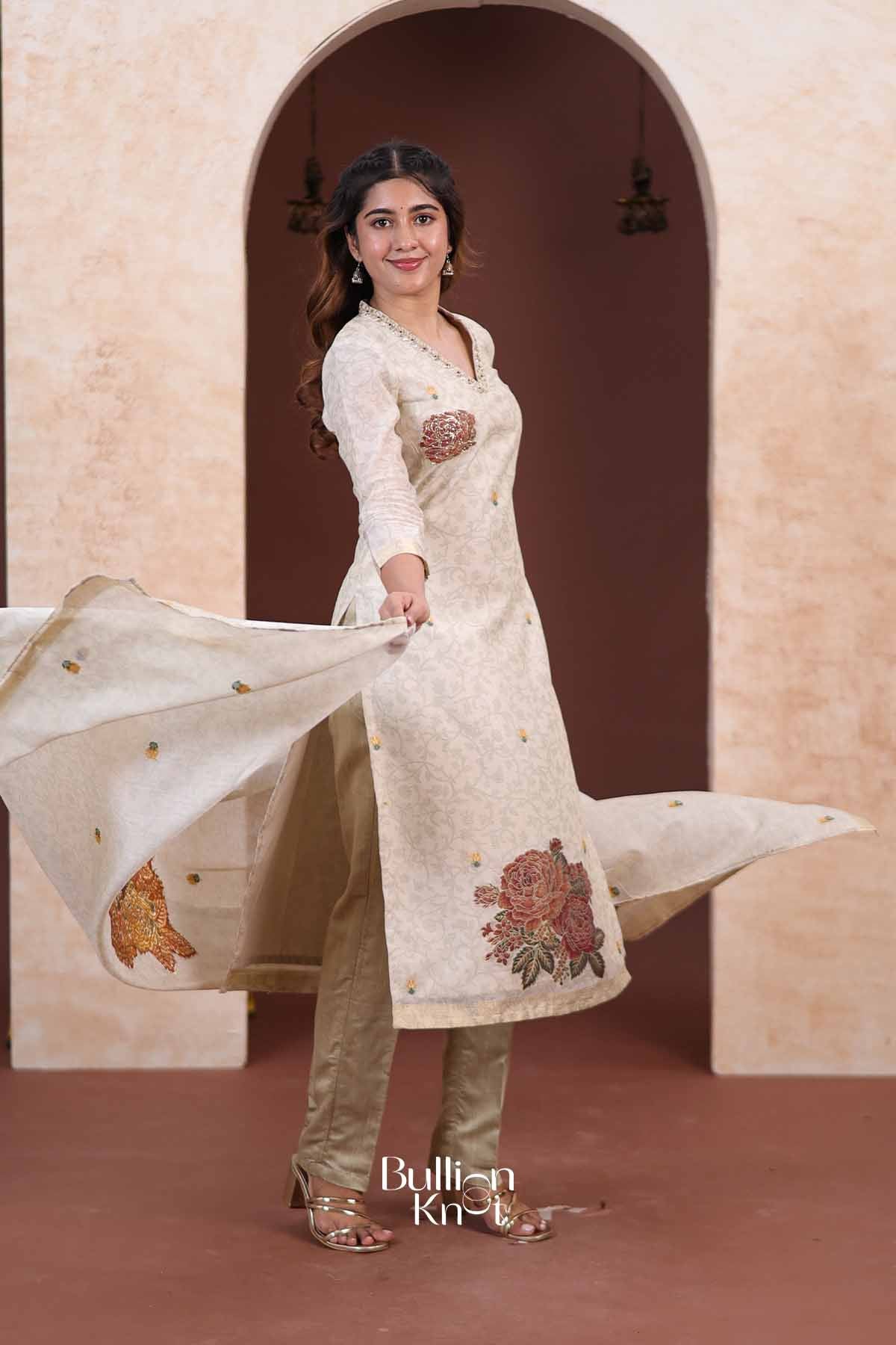 Rajni | Satin V-Neck Ivory Golden Straight Suit Set for Casual wear