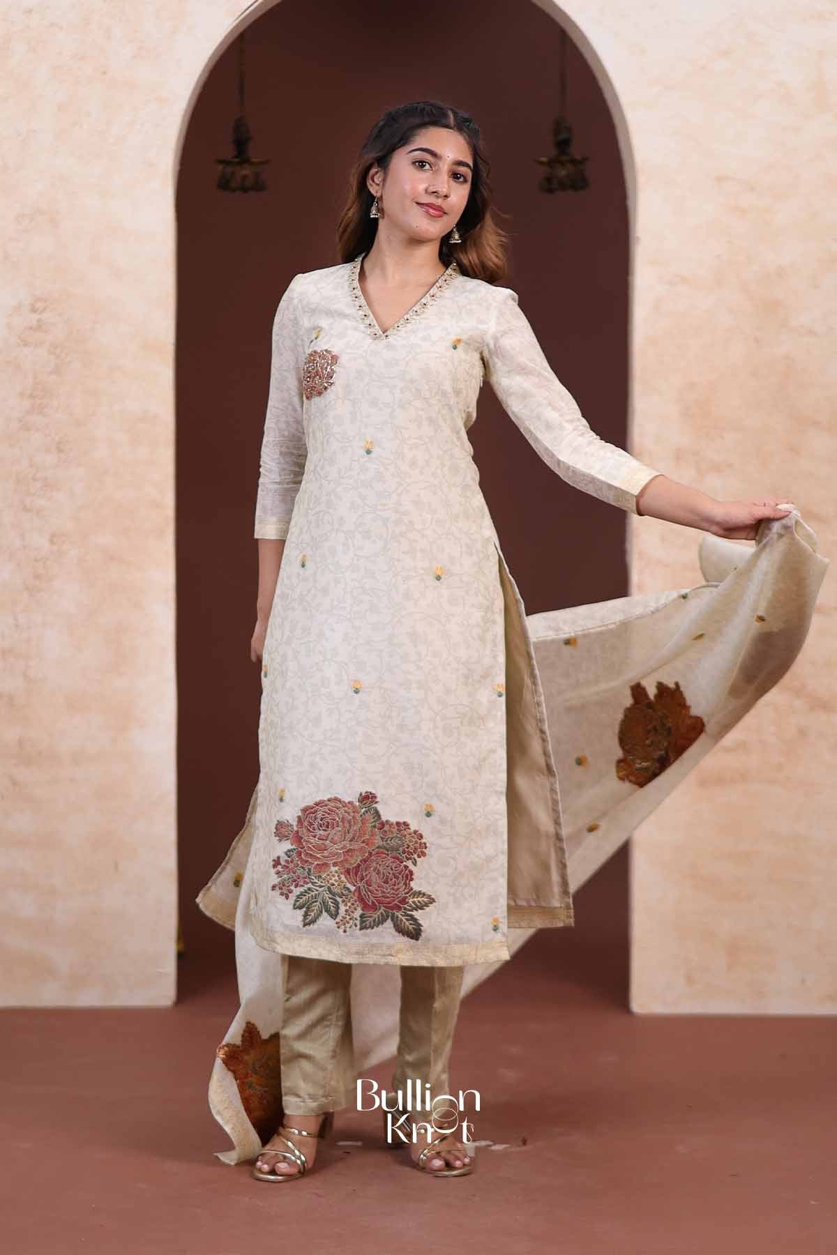 Rajni | Satin V-Neck Ivory Golden Straight Suit Set for Casual wear