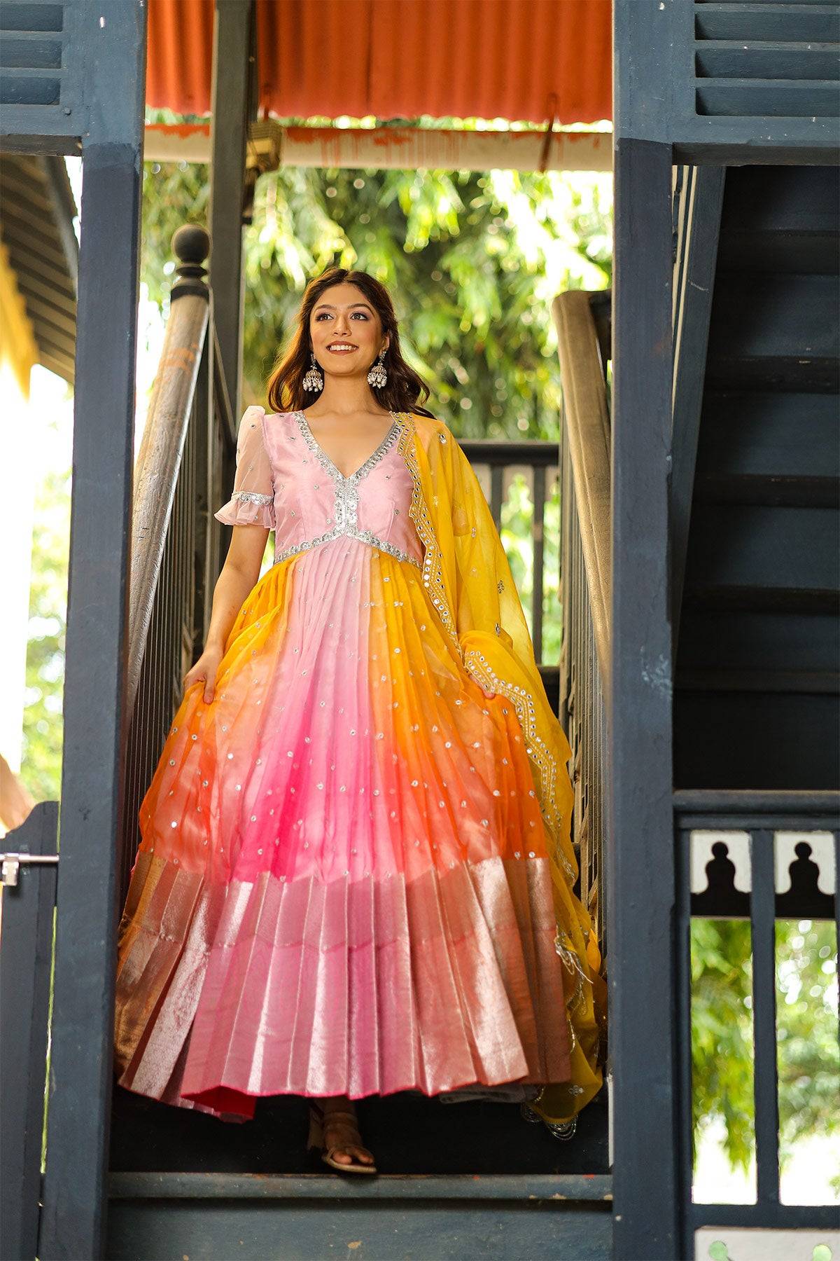 Organza Anarkali dress in pink and orange shade