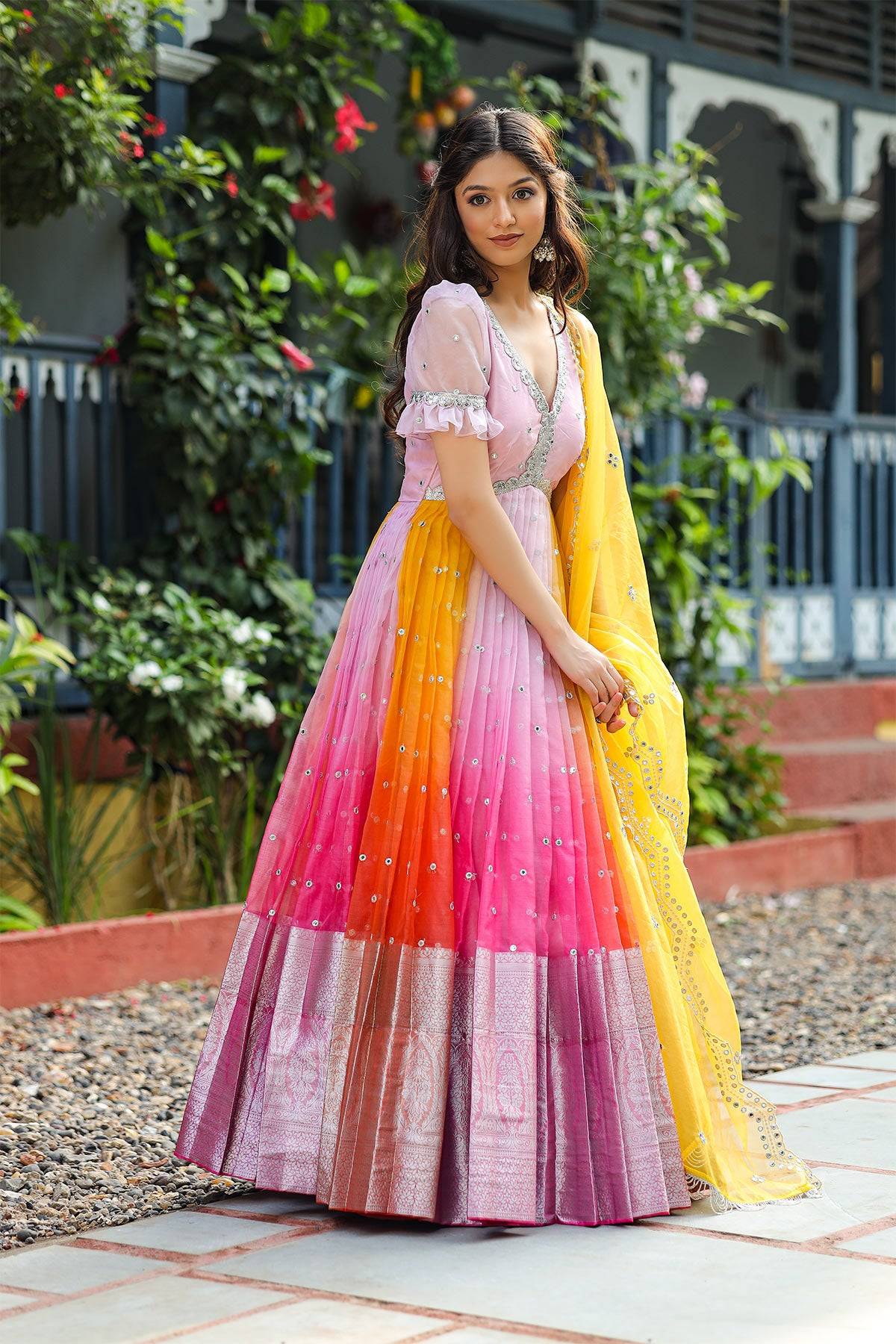 pink and orange Rangeen Anarkali Dress -Bullionknot