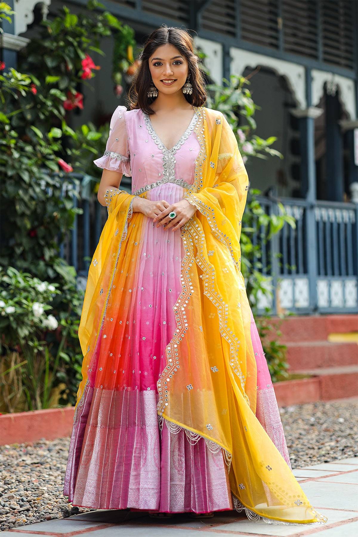 a women in pink and orange Organza Anarkali dress