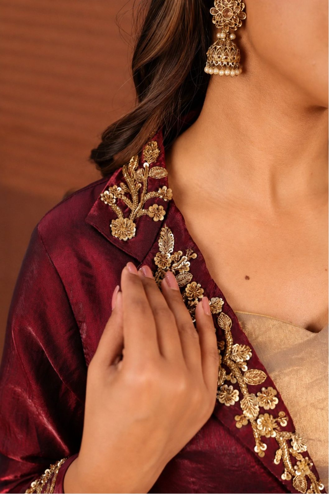 Regal Wine | Indo Western Merrun Jacket with Glossy Silk Blazer