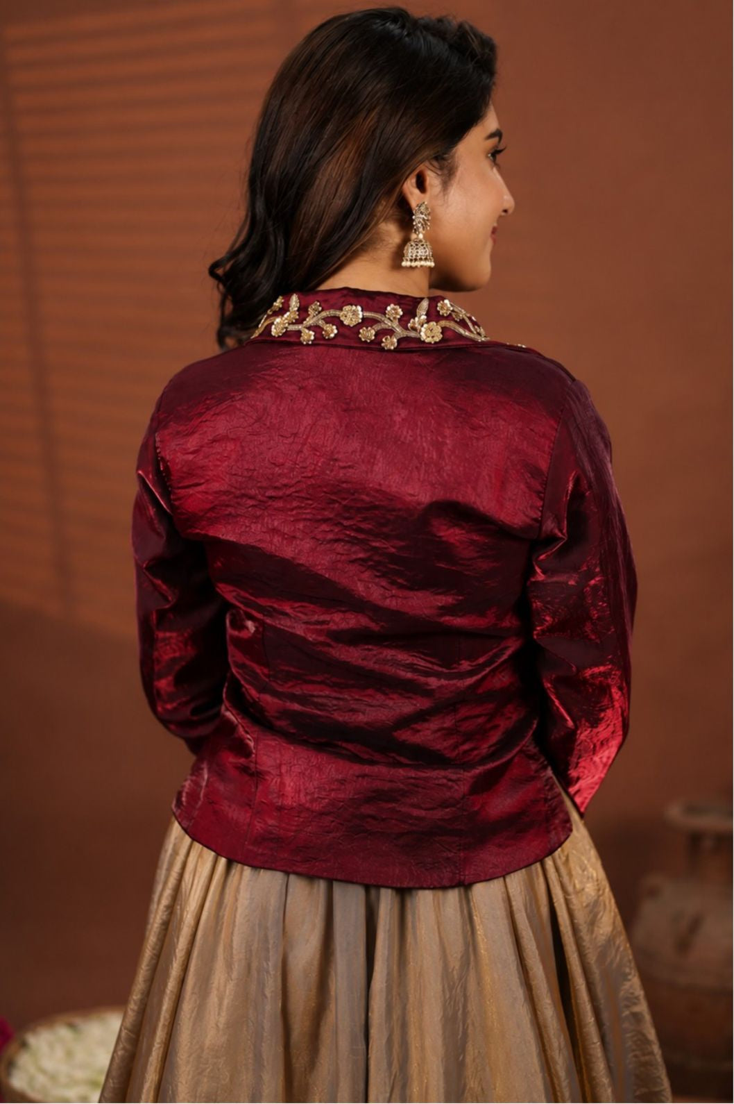 Regal Wine | Indo Western Merrun Jacket with Glossy Silk Blazer