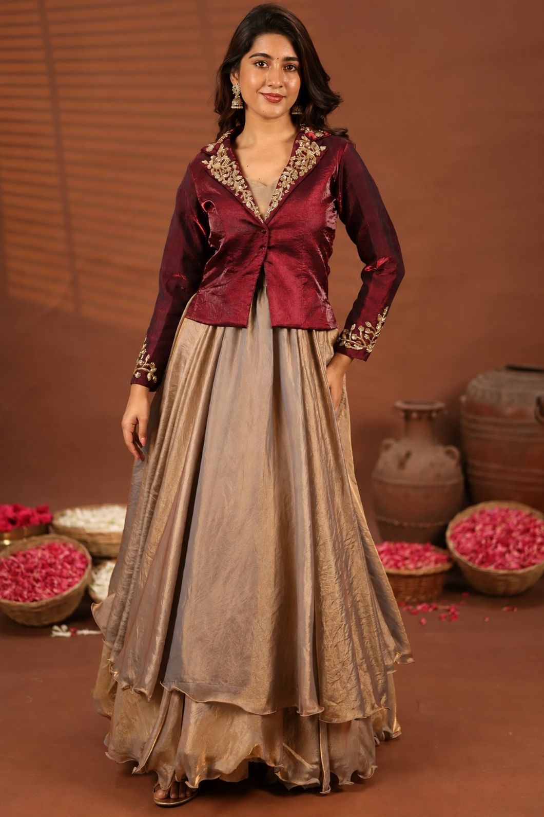 Regal Wine | Indo Western Merrun Jacket with Glossy Silk Blazer
