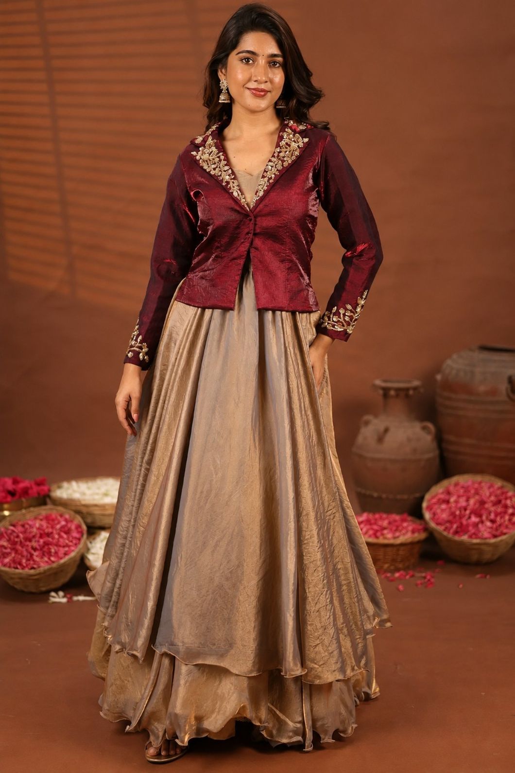 Regal Wine | Indo Western Merrun Jacket with Glossy Silk Blazer