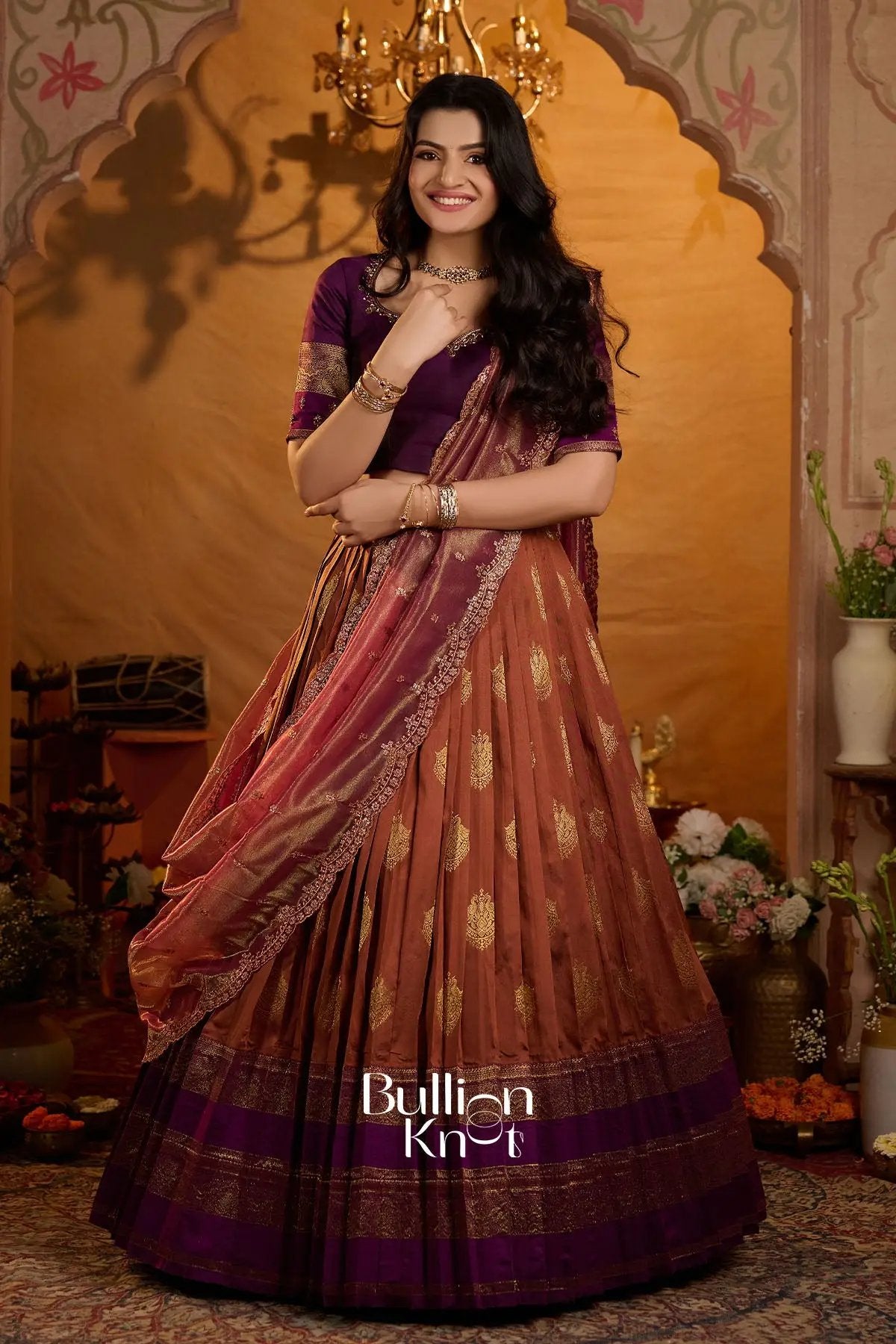Ruprekha Gadval Silk Lehenga Set In Rust